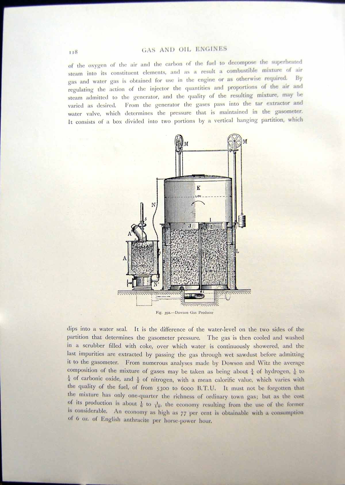 Original Old Antique Print Dowson Gas Producer 1908 20th Century