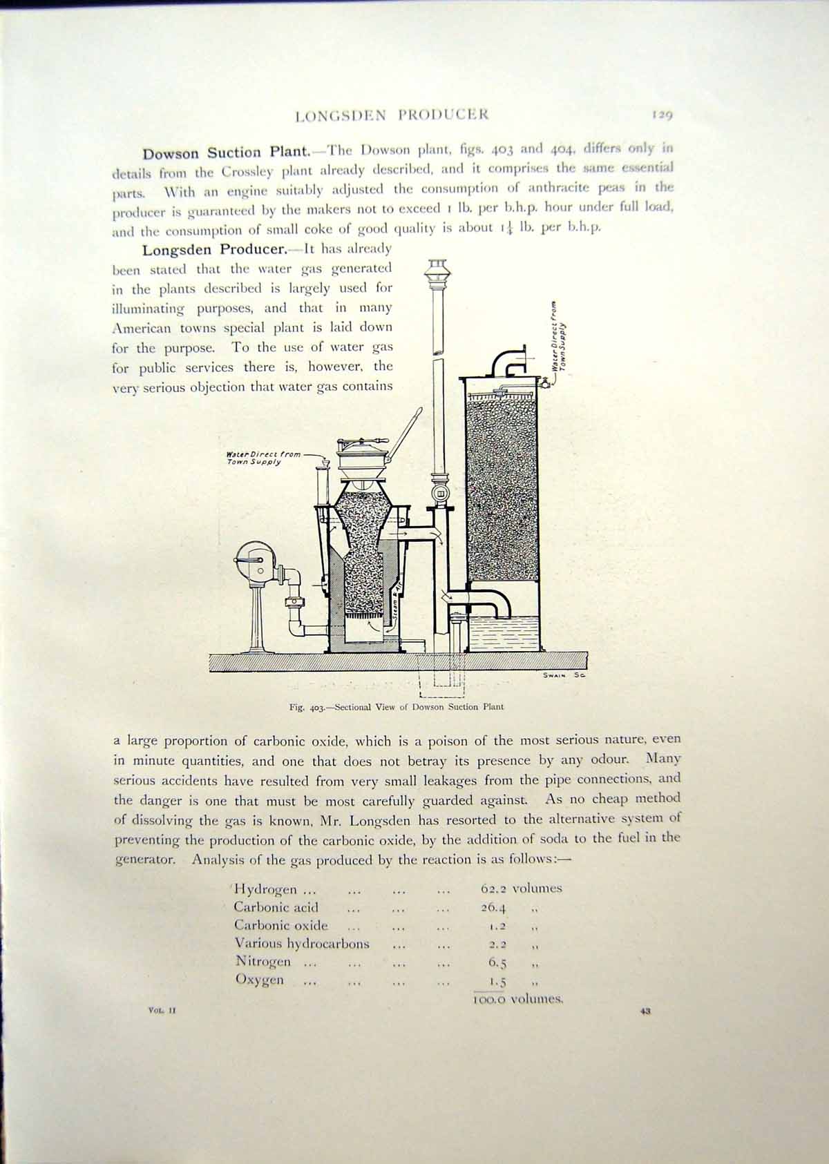 Antique Old Print Sectional View Dowson Suction Plant Serving Gas Engine 1908