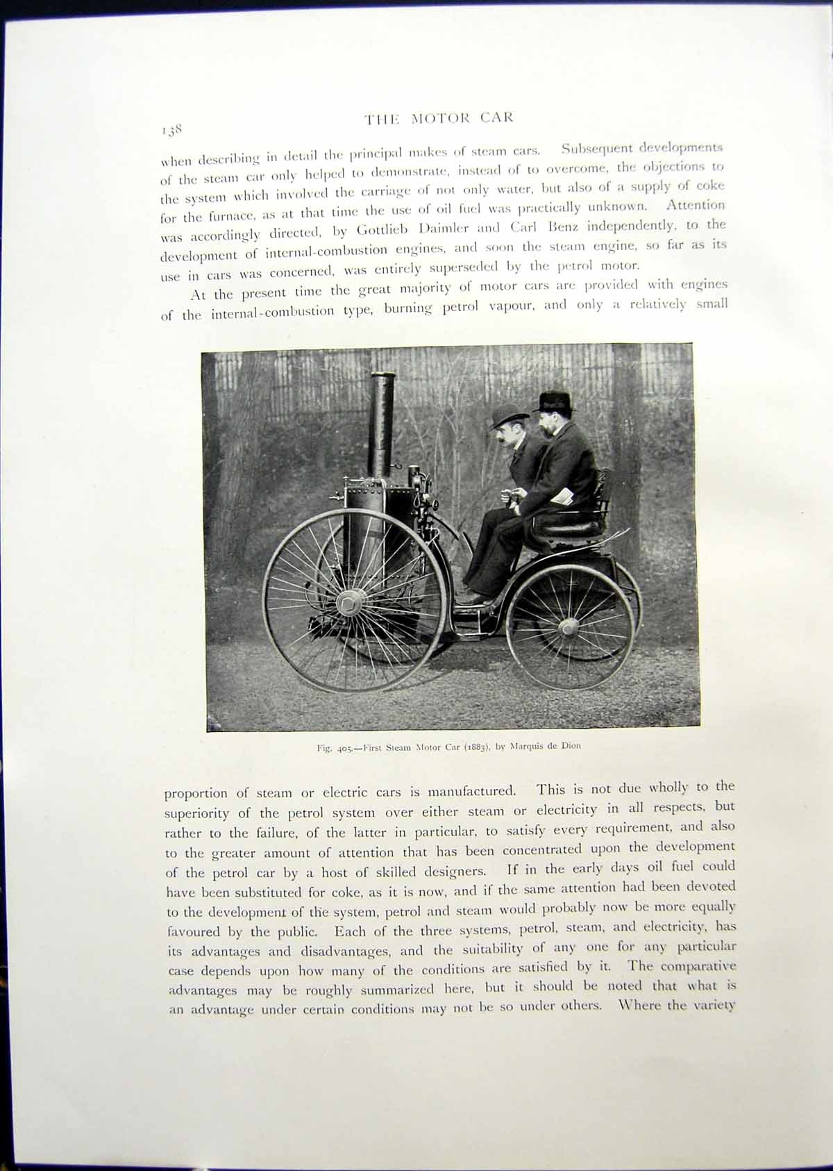 Original Old Antique Print First Steam Motor Car 1883 By Marquis De Dion 1908