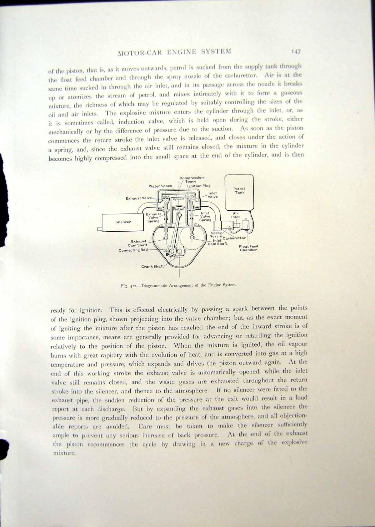 Original Old Antique Print Diagrammatic Arrangement Engine System 1908 20th