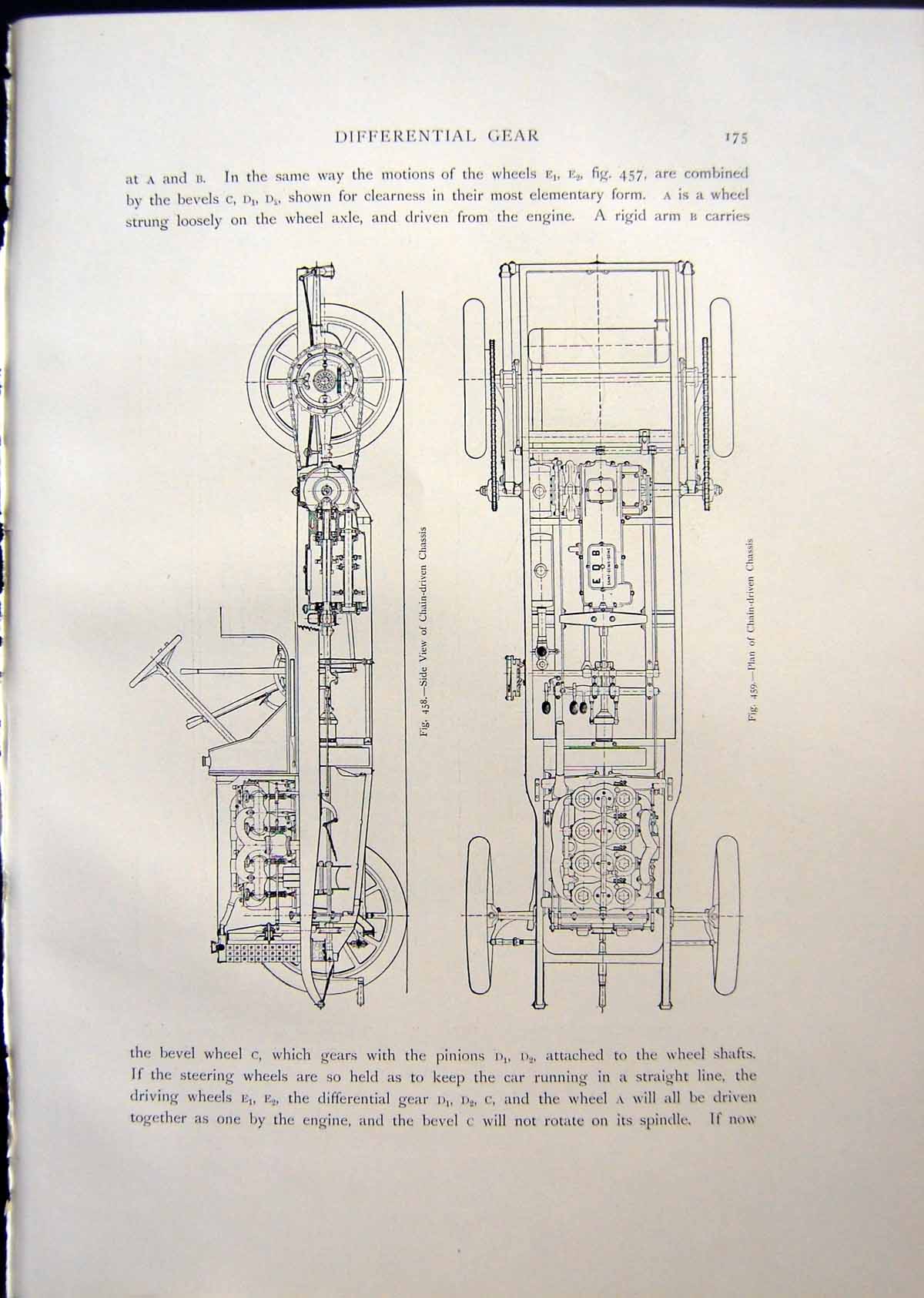 Antique Print Plan Chain Driven Chassis Side View Cardan Shaft System 1908 20th