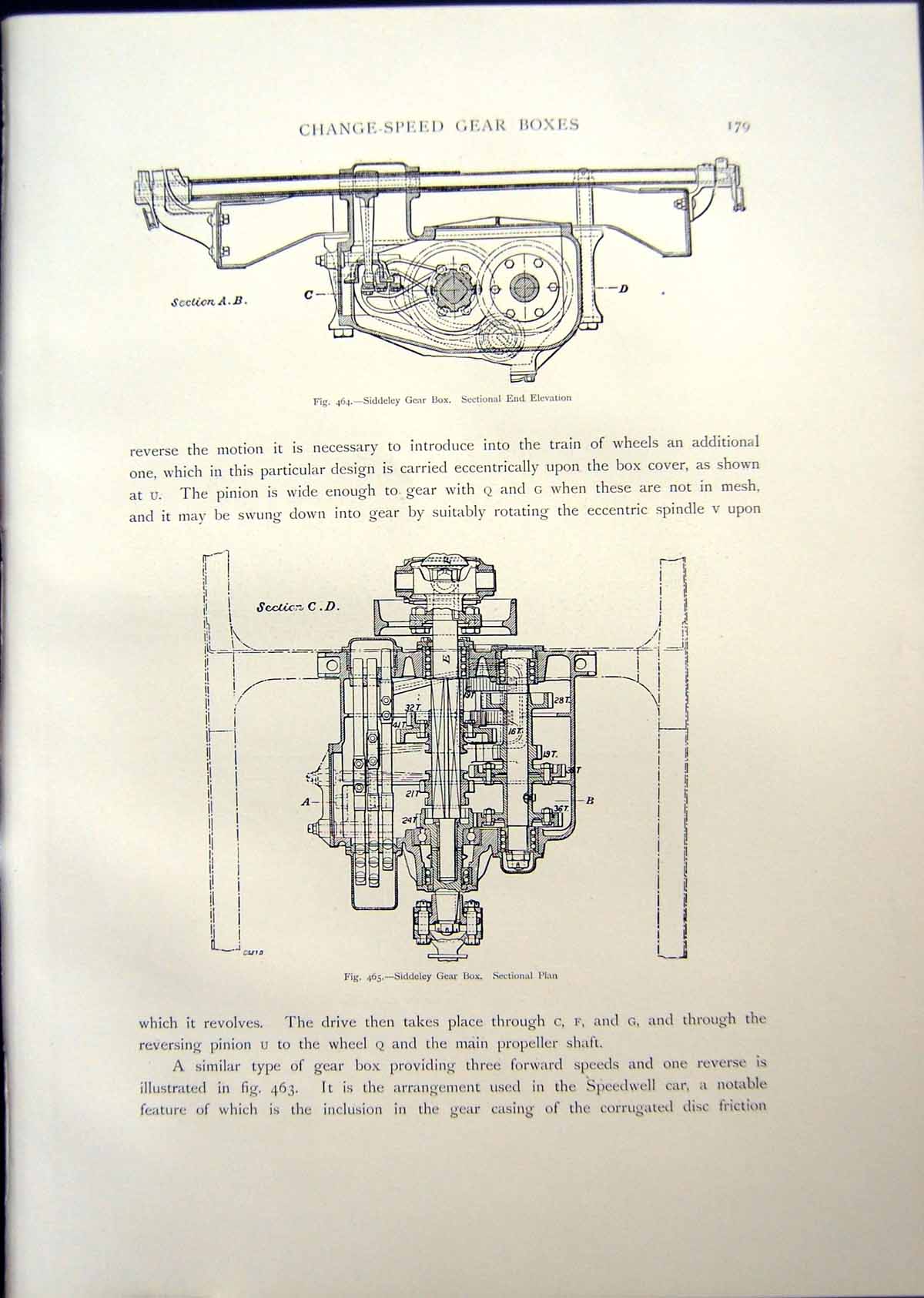 Antique Old Print Siddeley Gear Box End Elevation Side View Shaft Brake 1908