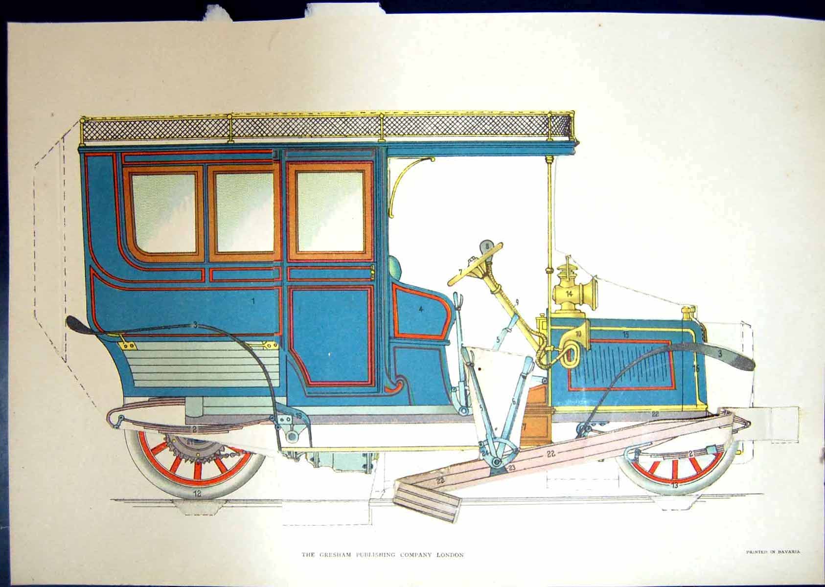 Old Print Automobile Body Springs Brake Pedal Radiator Gear Box Fan 1908 20th