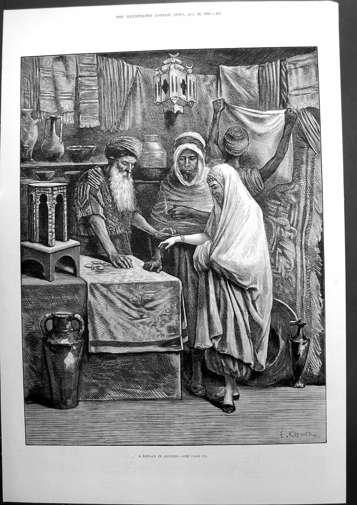 Old Print A Bazaar In Algiers Sketch By E Kremer Northern Africa Men 1881 19th