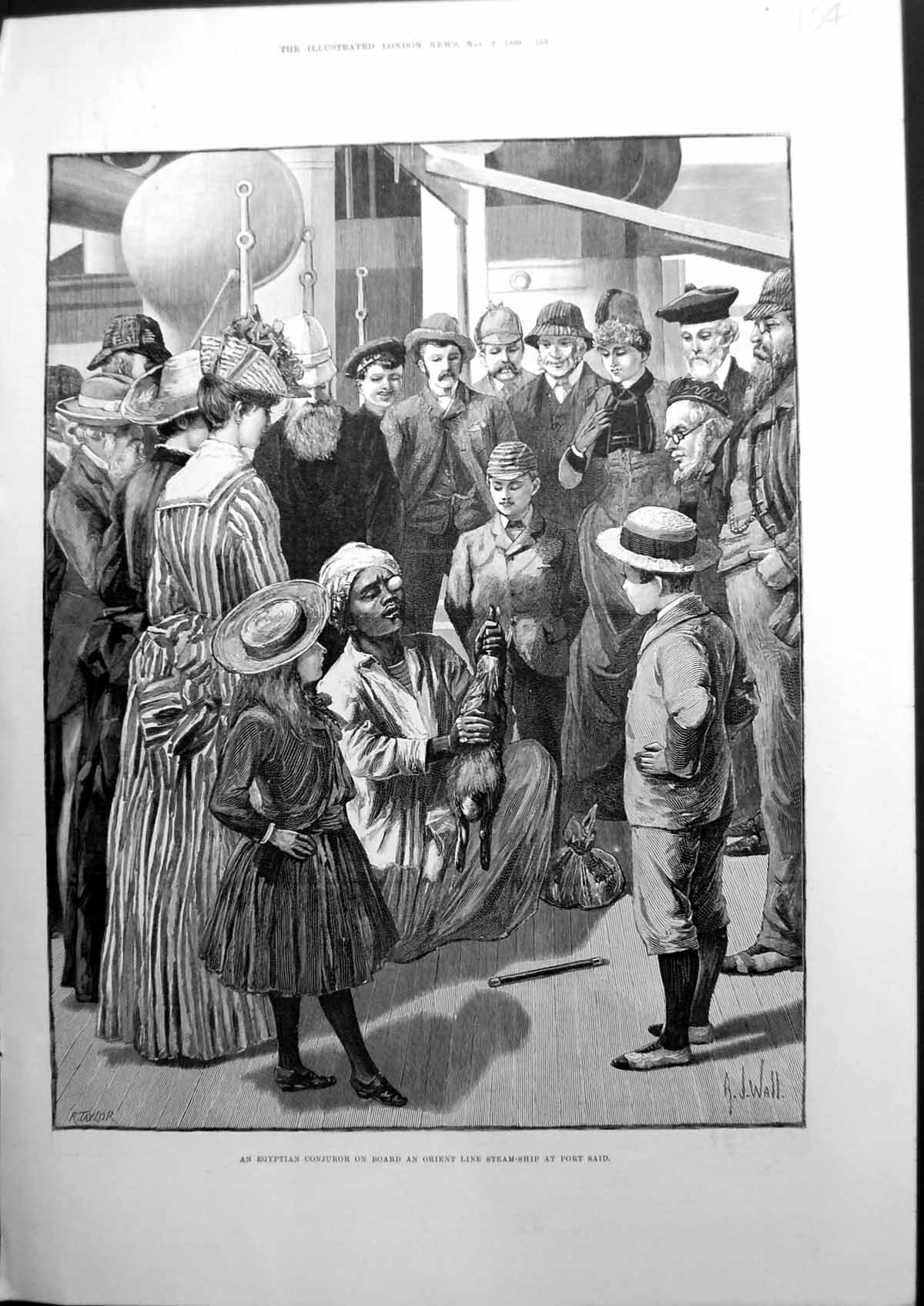 Antique Print Egyptian Conjuror Board Orient Line Steam-Ship Port Said 1889