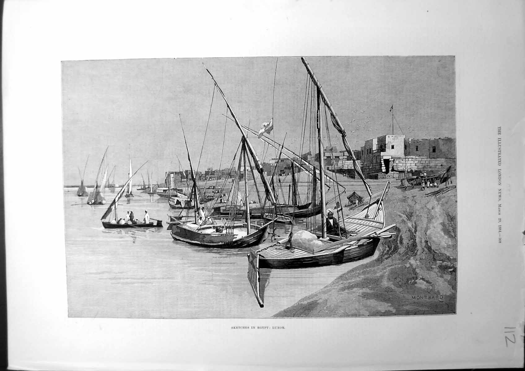 Old Print Sketches In Egypt Luxor Harbour Sea Boats Fishing Montbard 1884 19th