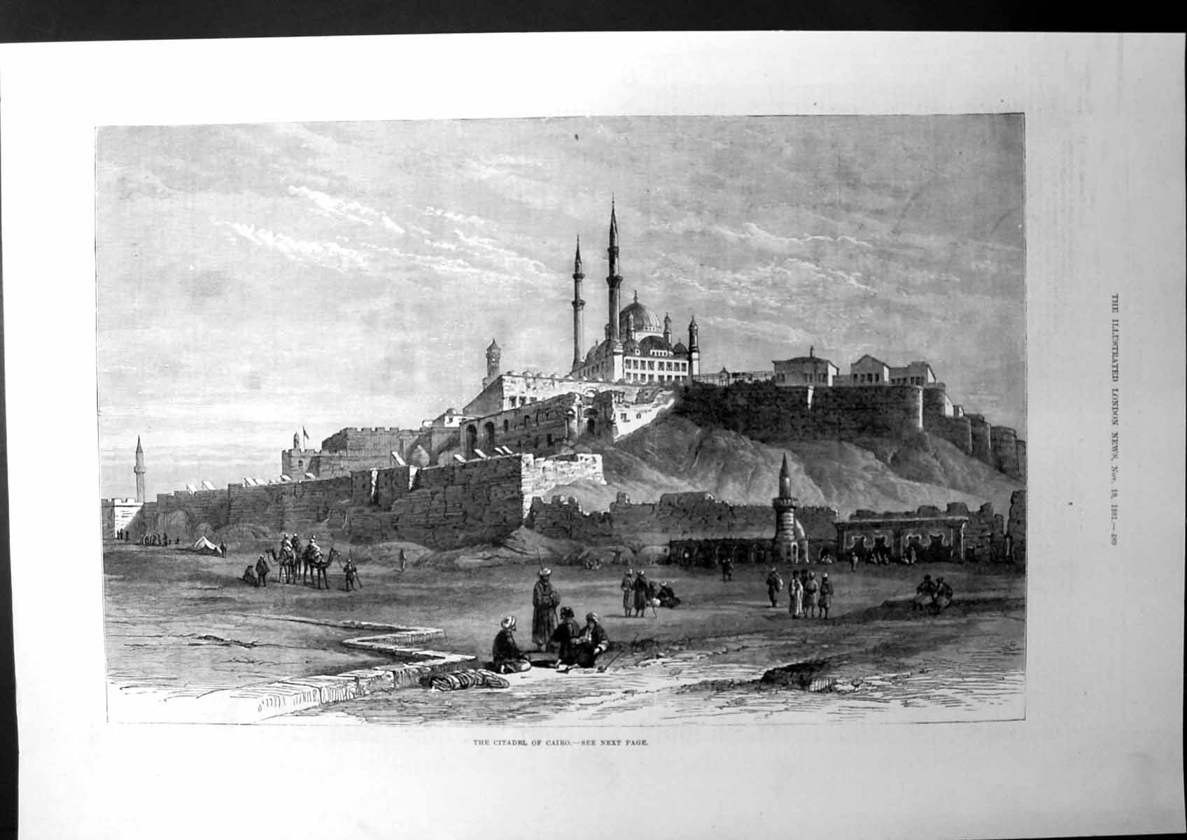 Antique Old Print The Citadel Cairo Egypt Mosque Camels Hill Fortress 1881 19th