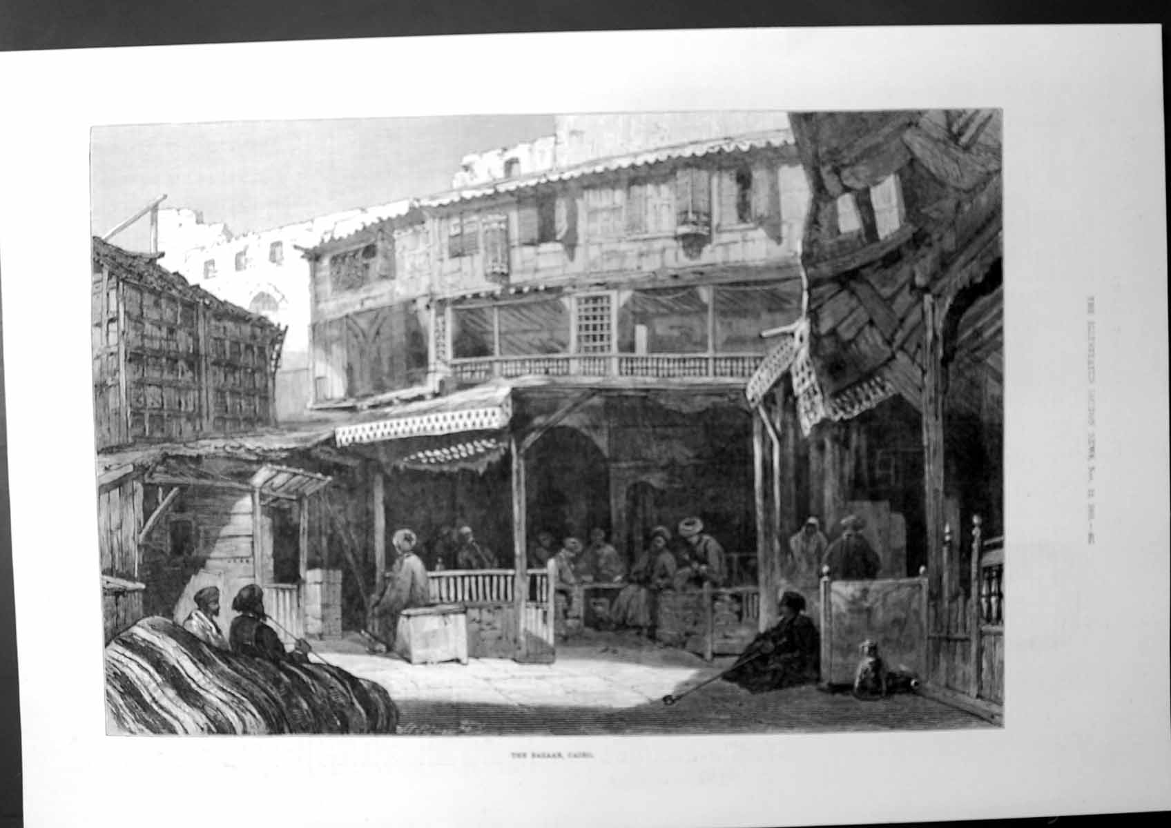 Original Old Antique Print The Bazaar Cairo Egypt Smoking Egyptians 1881 19th