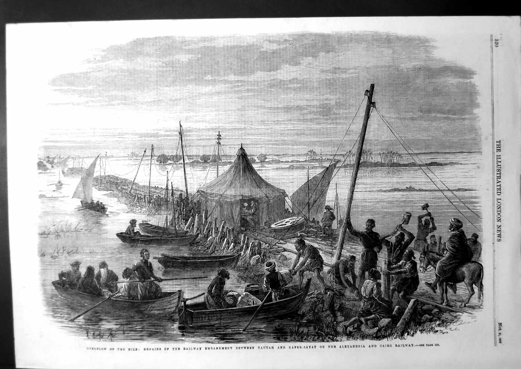 Old Antique Print Overflow The Nile Remains Railway Embankment Cairo 1863 19th