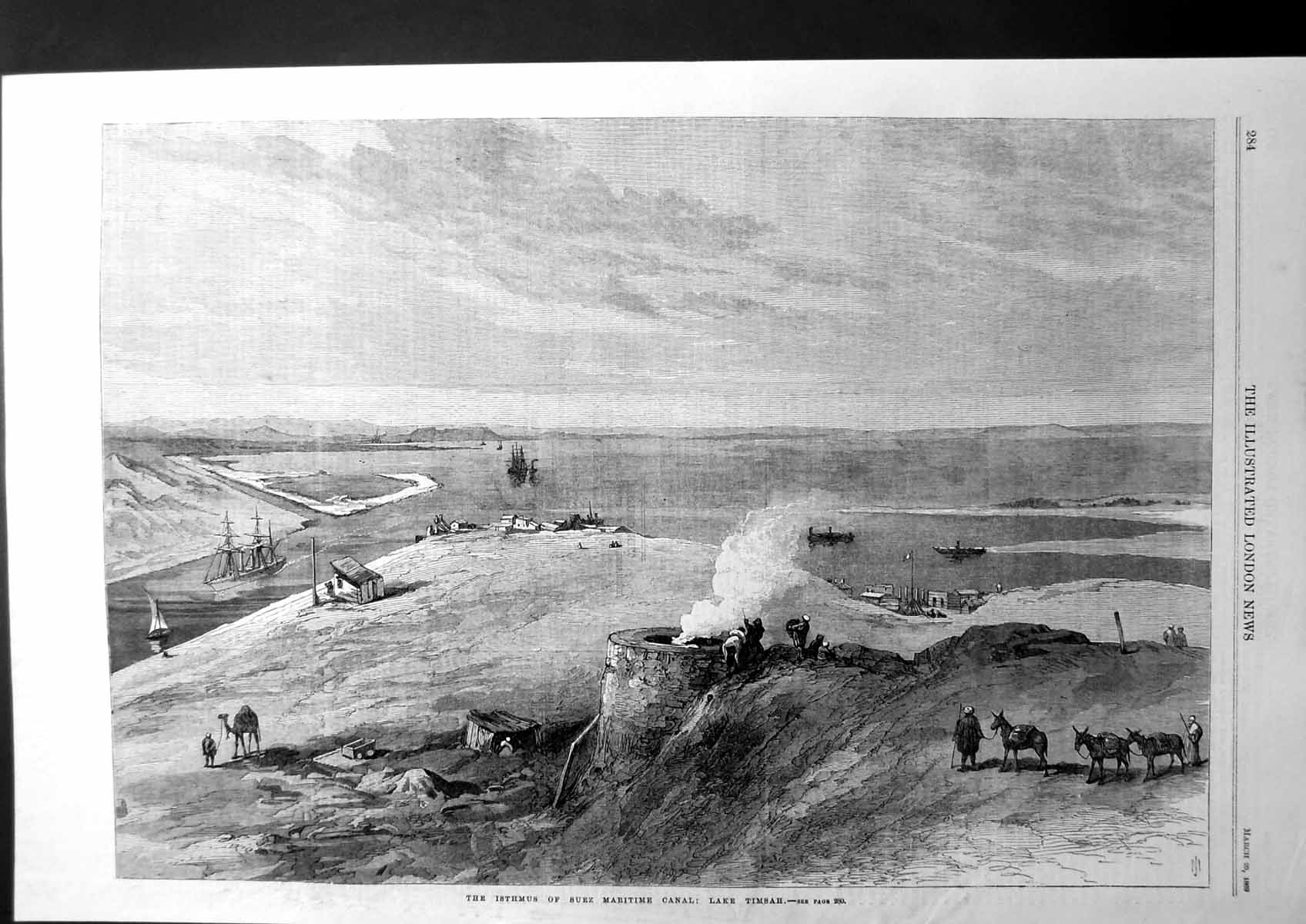 Antique Print The Isthmus Suez Maritime Canal Lake Timsah Camel River 1869 19th