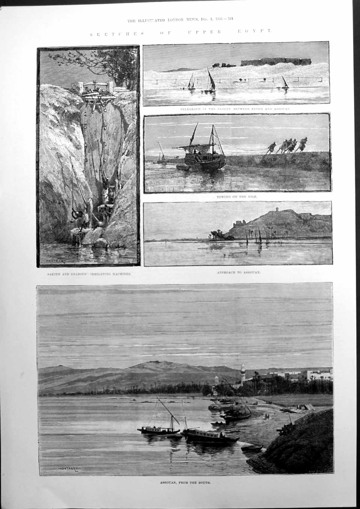 Antique Print Sketches Upper Egypt Sakieh Shadouf Assouan Nile Desert 1883 19th
