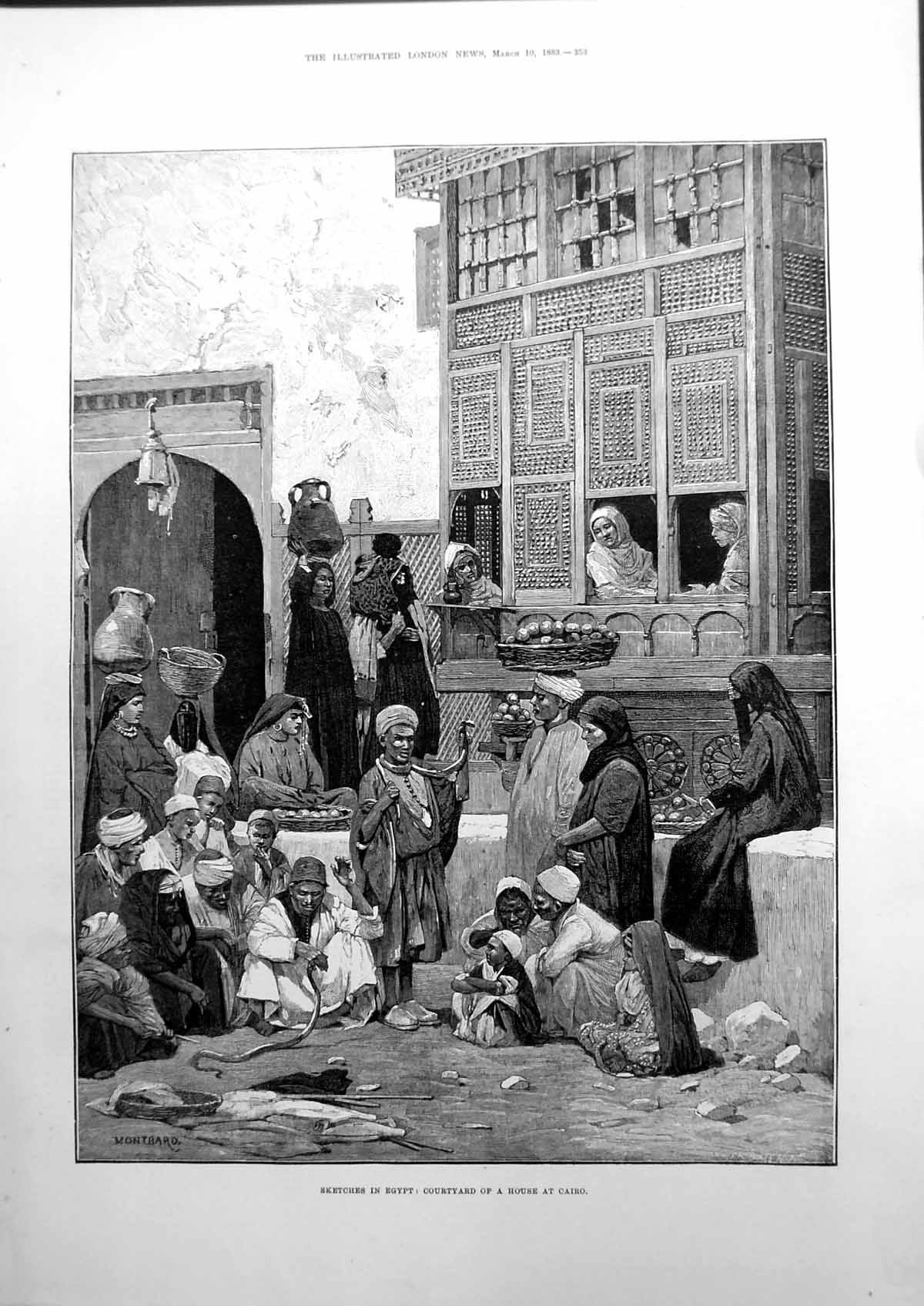 Antique Print Sketches In Egypt Courtyard A House At Cairo Arabs Snake 1883
