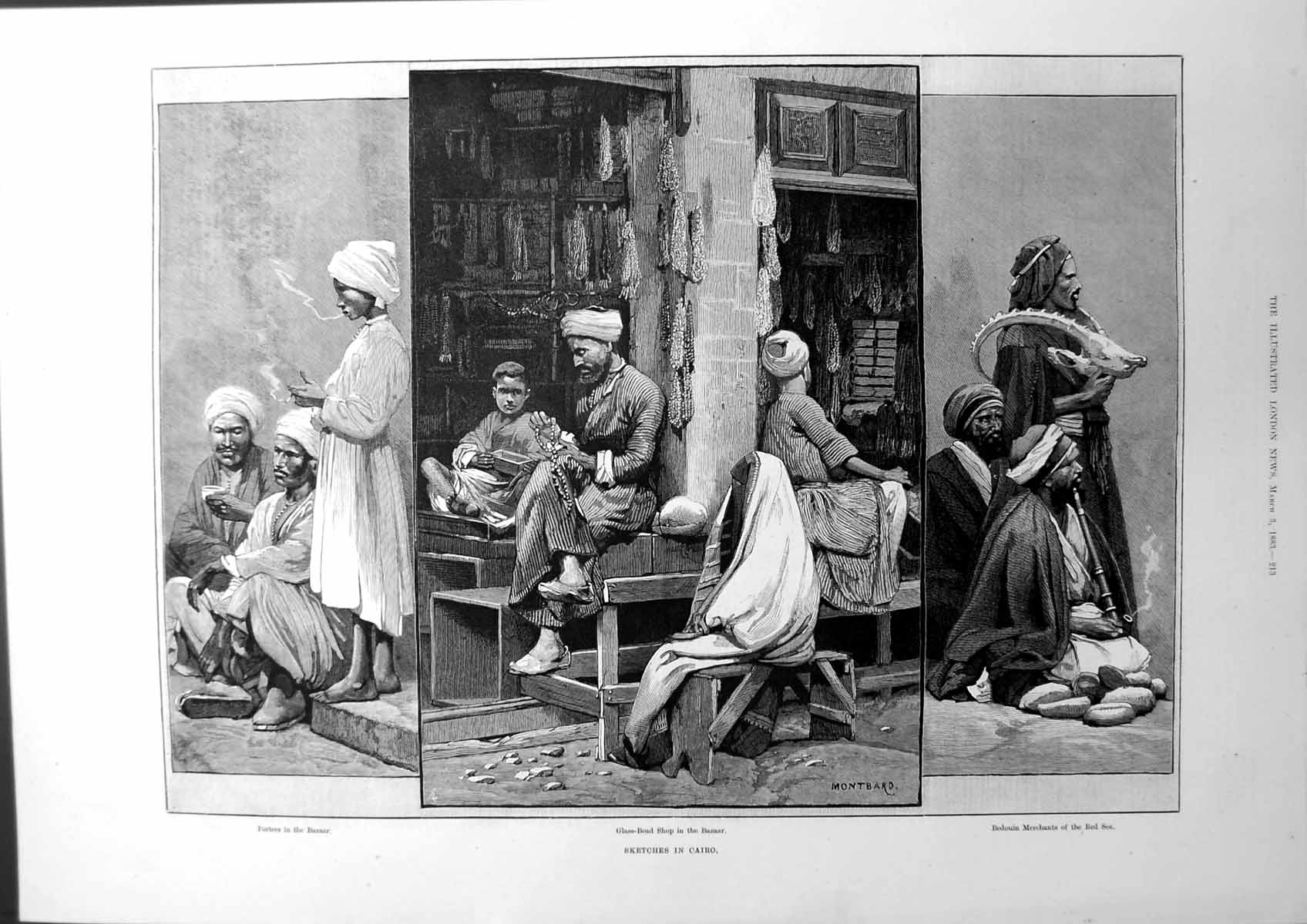 Antique Print Sketches In Cairo Porters Bazaar Glass-Bead Shop Bedouin 1883