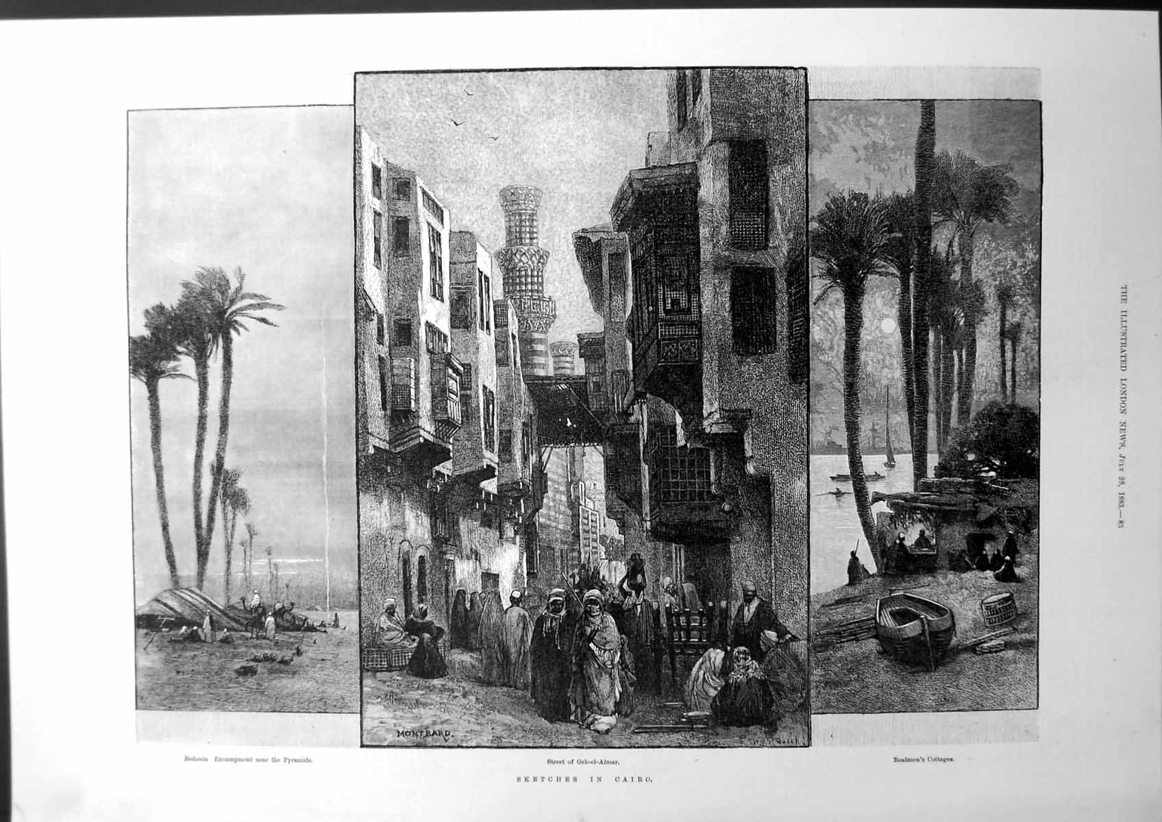 Old Print Sketches In Cairo Bedouin Encampment Pyramids Geb-El-Almar 1883 19th