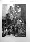 Antique Old Print Performing Snake Charmers At Cairo Egypt Street Crowds 1886