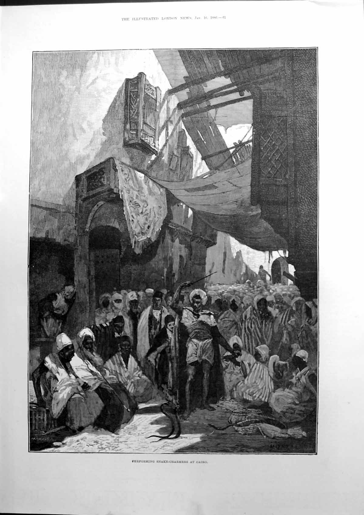 Antique Old Print Performing Snake Charmers At Cairo Egypt Street Crowds 1886