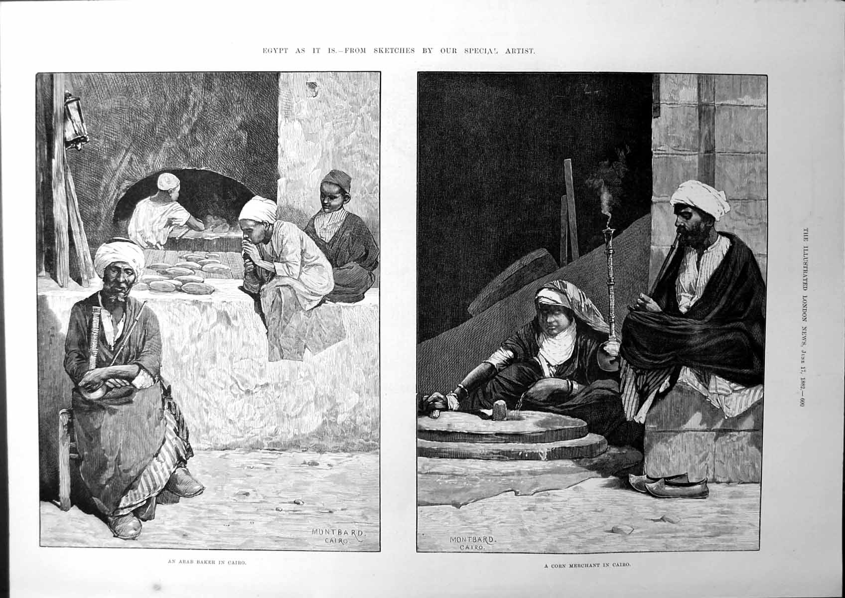 Antique Old Print Egypt As It Is Sketches Arab Baker Corn Merchant Cairo 1882