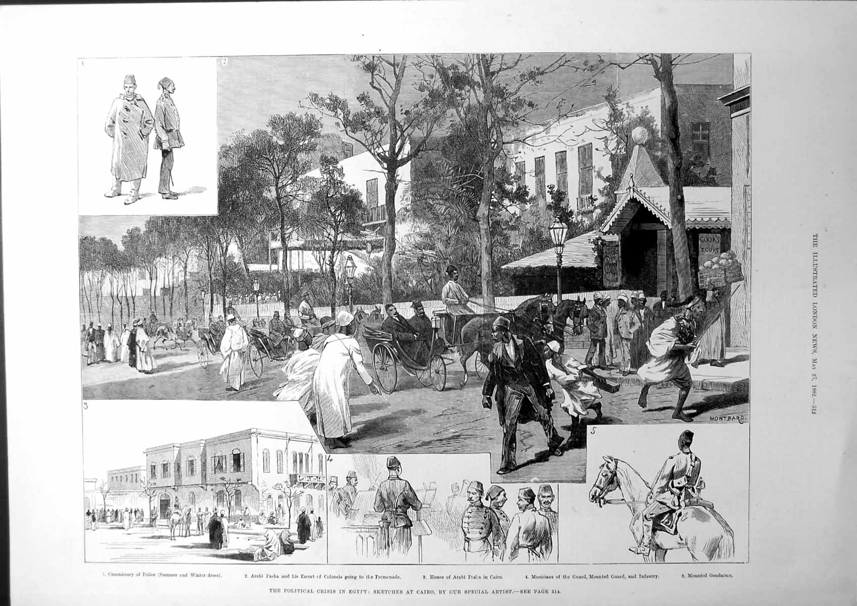 Old Politicial Crisis In Egypt Sketches Cairo Police Arabi Pasha 1882 Victorian