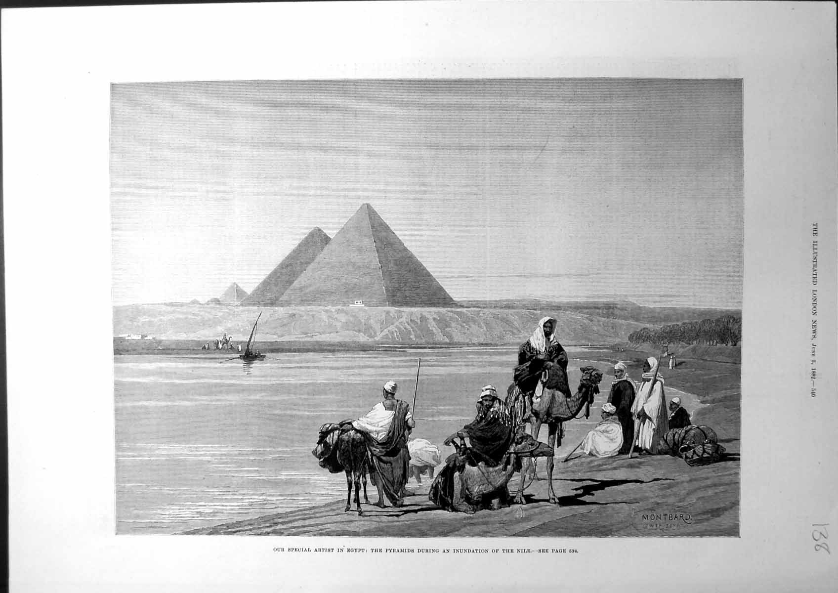 Antique Old Print Sketches Egypt Pyramids During An Inundation The Nile 1882