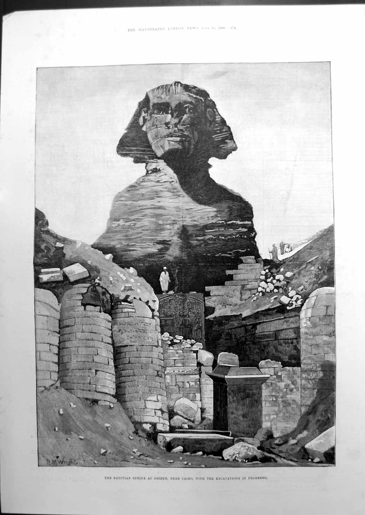 Antique Old Print The Egyptian Sphinx At Ghizeh Near Cairo Excavations 1886