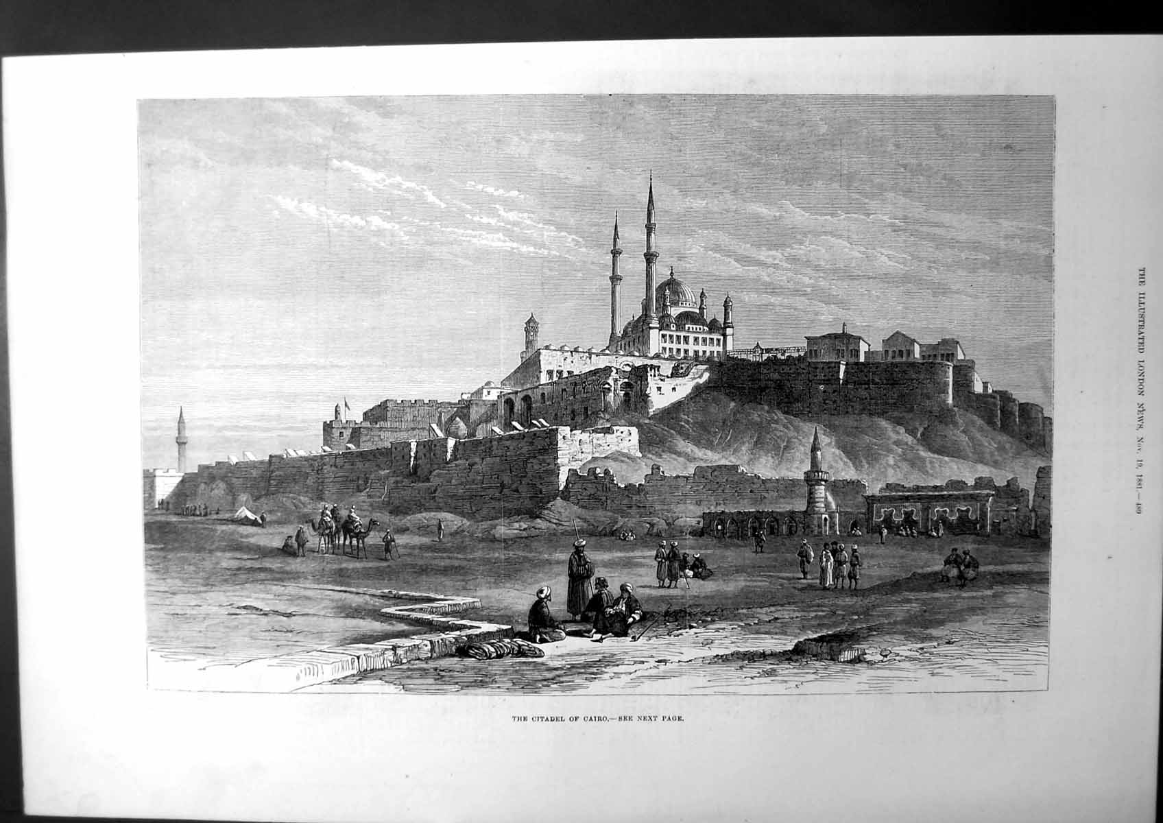 Antique Old Print TheˇCitadelˇOfˇCairoˇEgyptˇMosqueˇCamelsˇHillˇFortressˇ1881