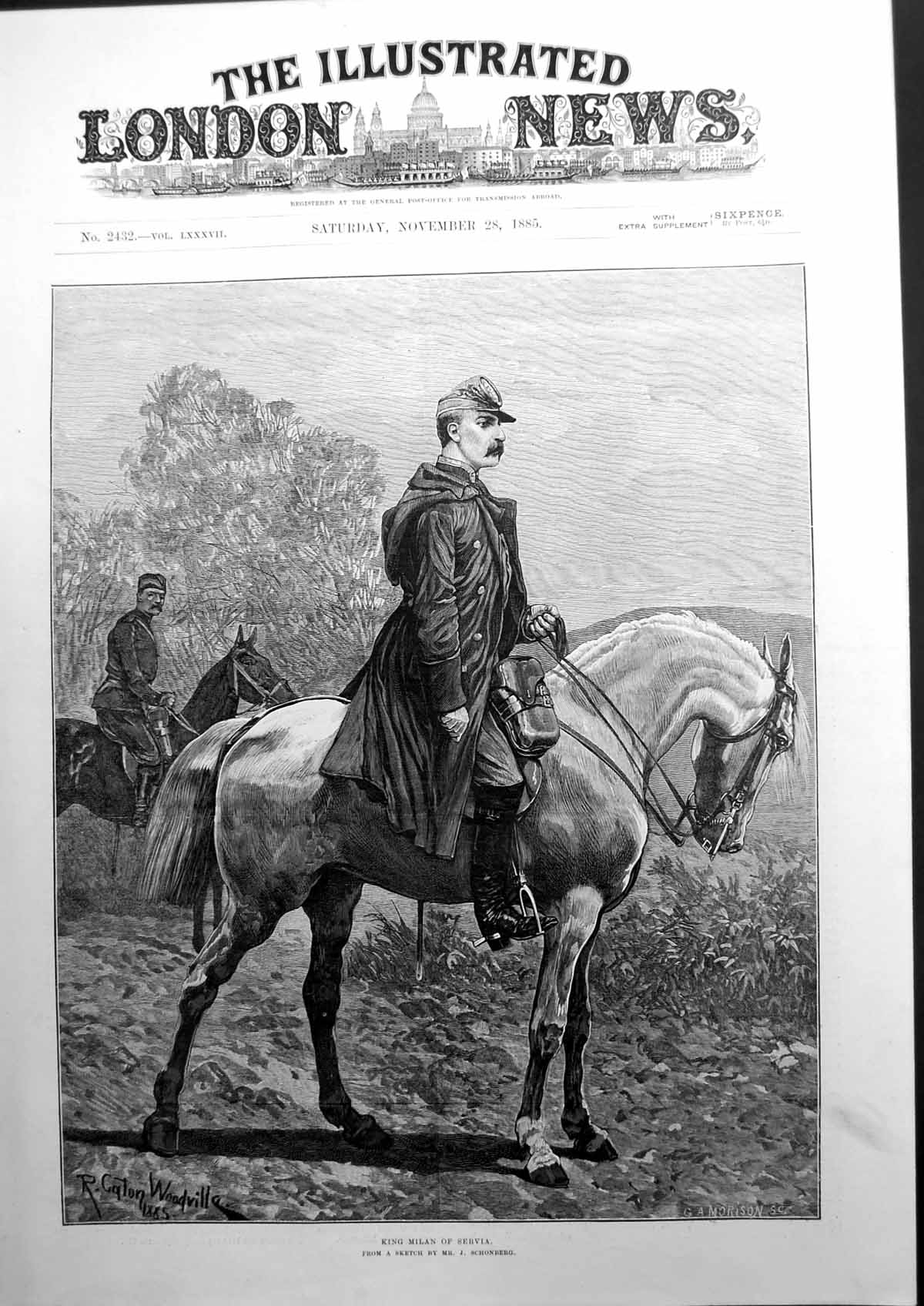 Antique Old Print King Milan Servia Sketch On Horse-Back Ga Morison 1885 19th
