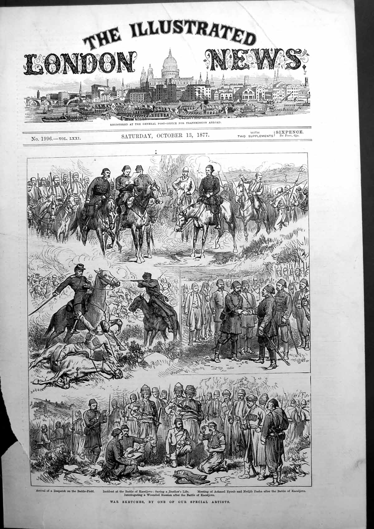 Antique Old Print War Sketches Wounded Russian Battle Kaceljevo Pasha 1877 19th