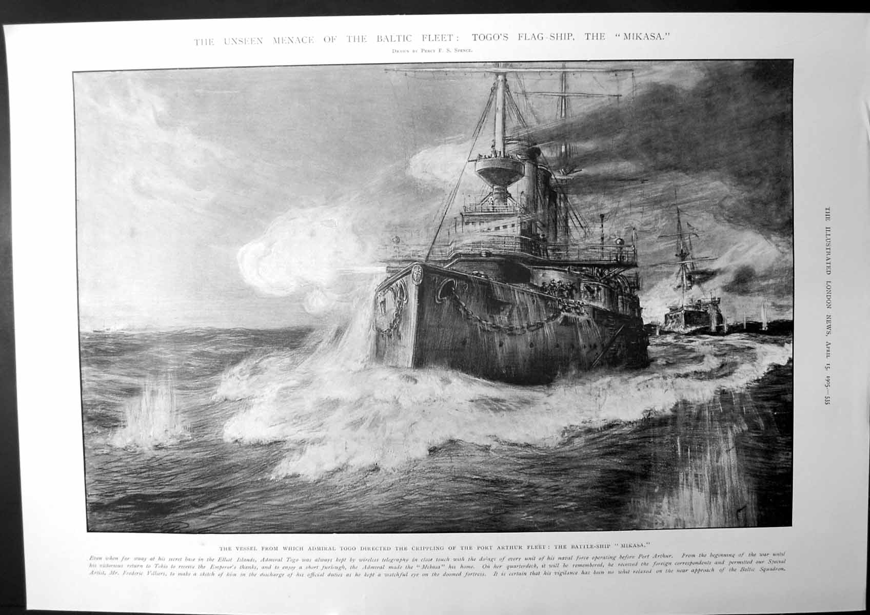 Old Print The Unseen Menace The Baltic Fleet Togos Flag-Ship Mikasa 1905 20th