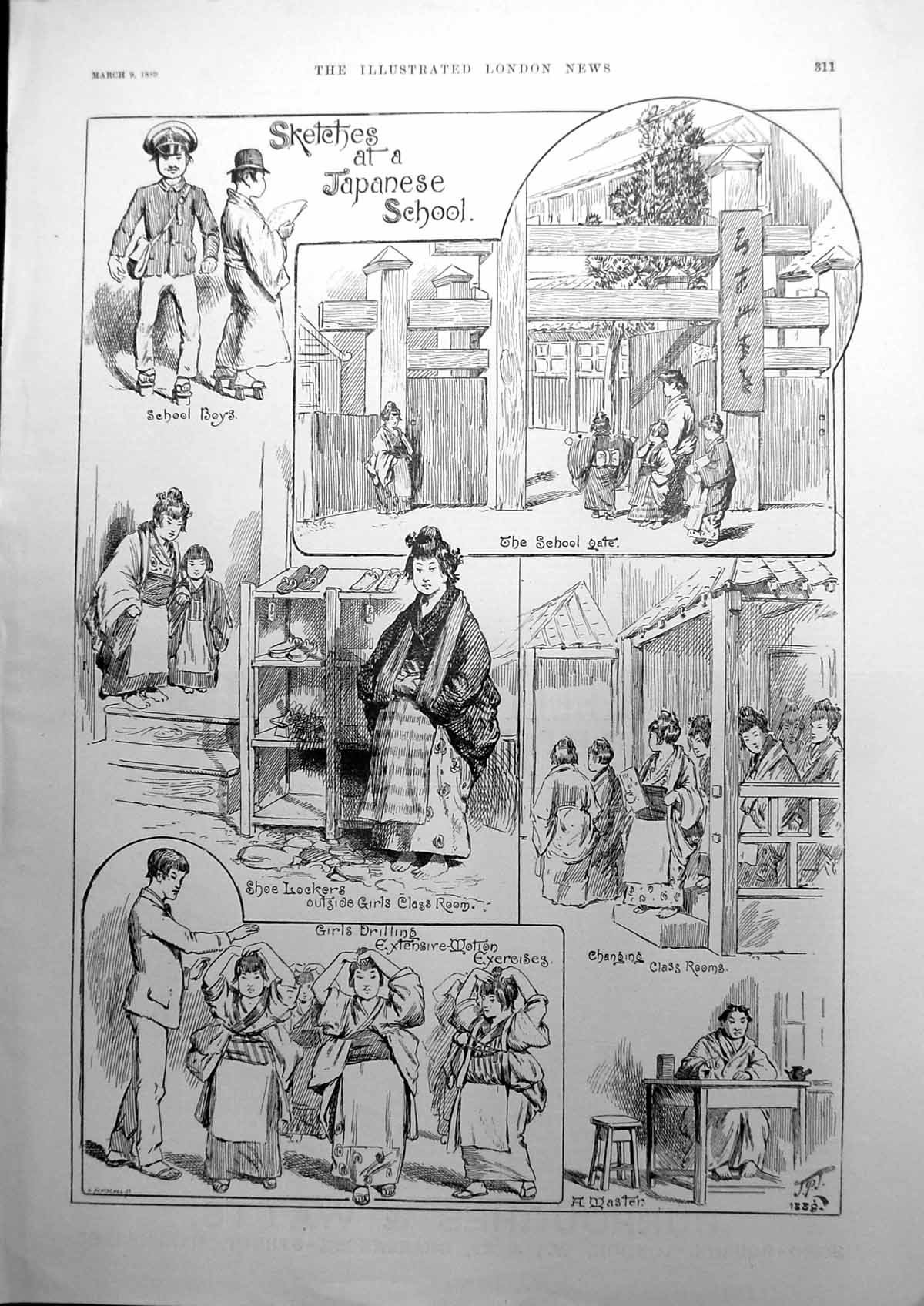 Old Print Sketches At A Japanese School Gate Shoe-Lockers Exercises 1889 19th