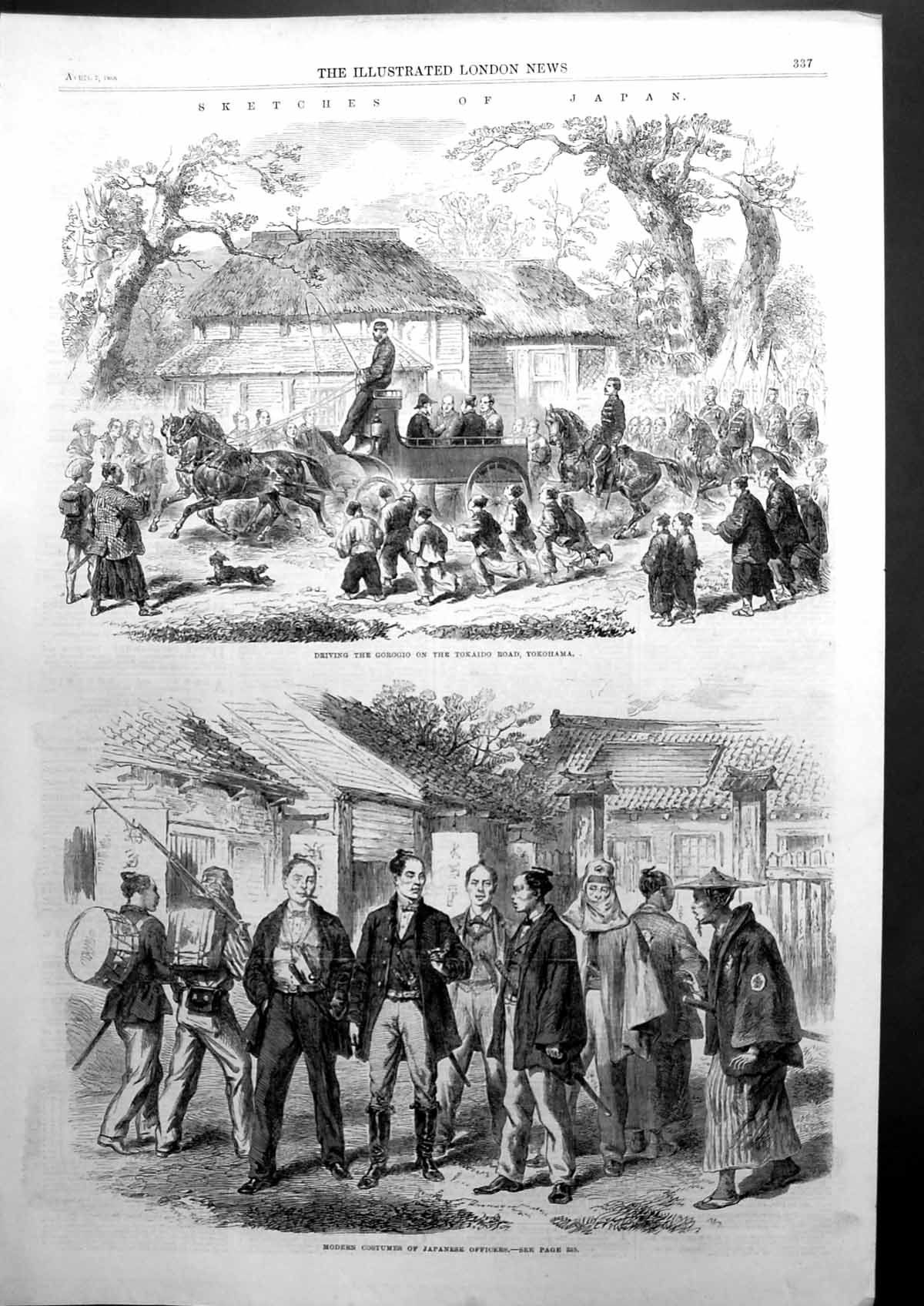 Antique Old Print Sketches Japan Driving The Gorogio Yokohama Costumes 1866