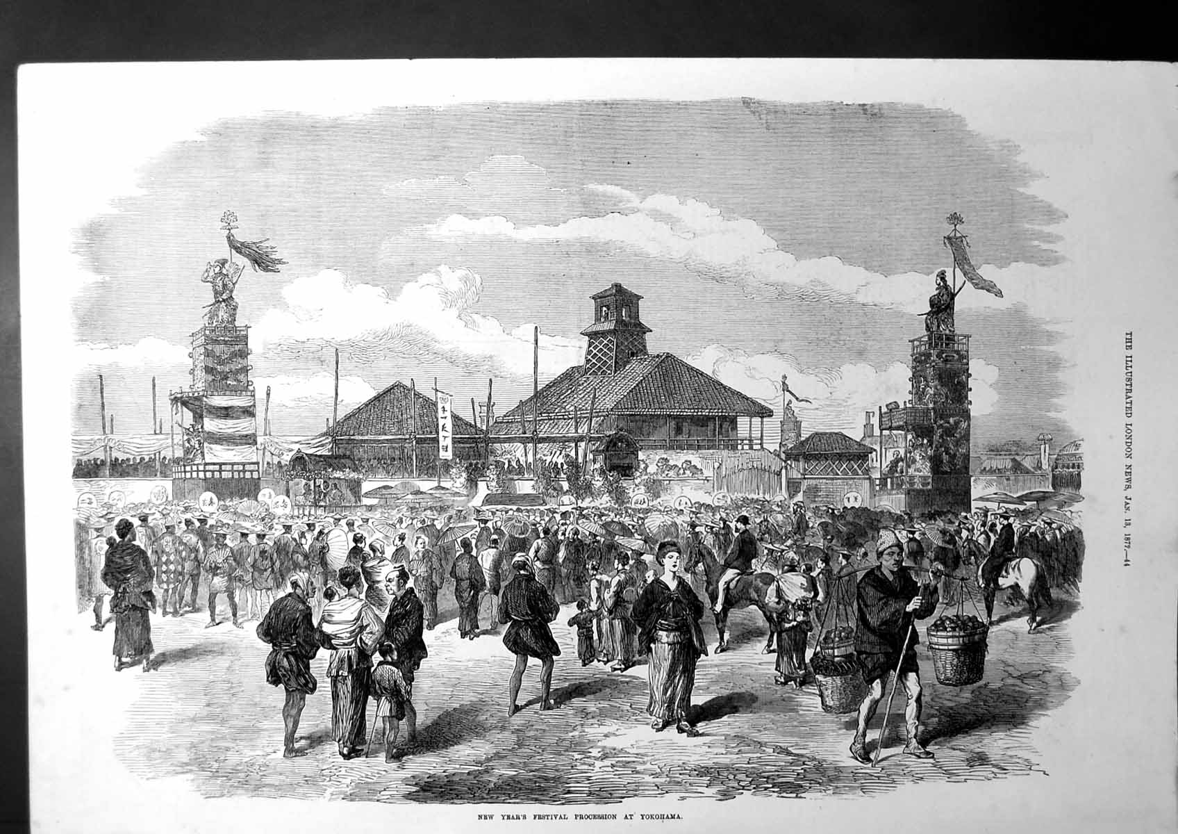 Old Antique Print New Year'S Festival Procession At Yokohama Japan 1872 19th