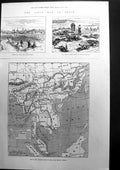 Antique Print Civil War Spain Pampeluna Map Route To China From Burma 1875 19th