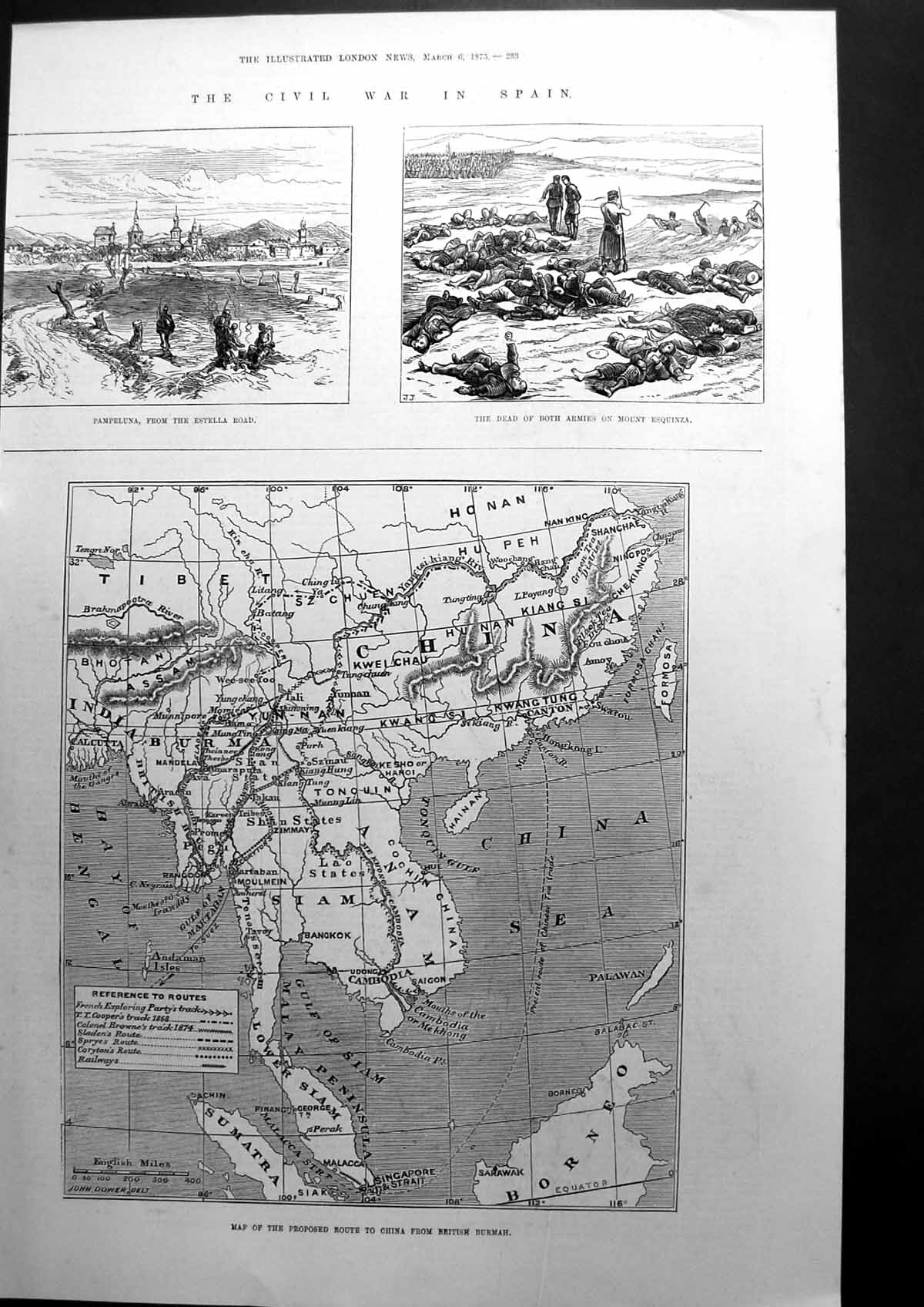 Antique Print Civil War Spain Pampeluna Map Route To China From Burma 1875 19th