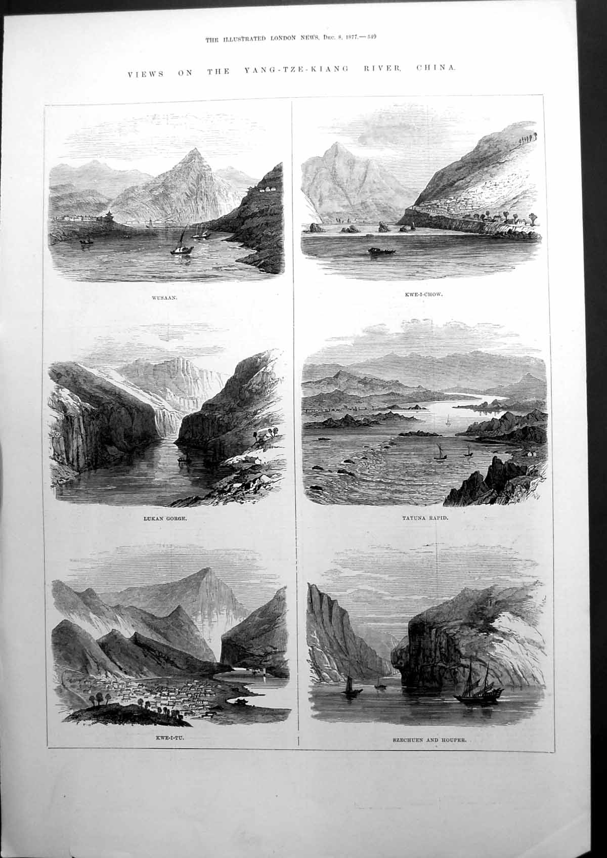 Old Print Views On The Yang-Tze-Kiang River China Lukan Gorge Wusaan 1877 19th