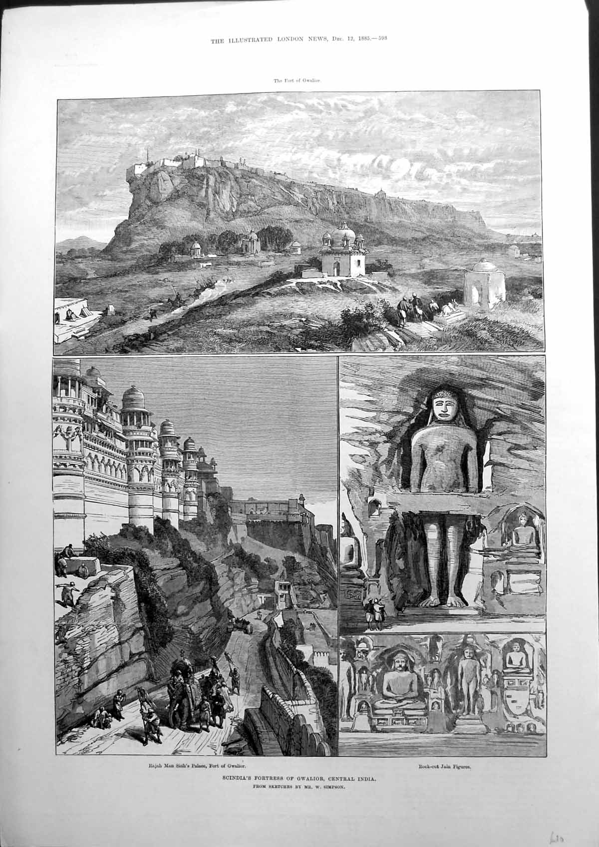 Old Print Scindia'S Fortress Gwalior Central India Fort Palace Rock 1885 19th