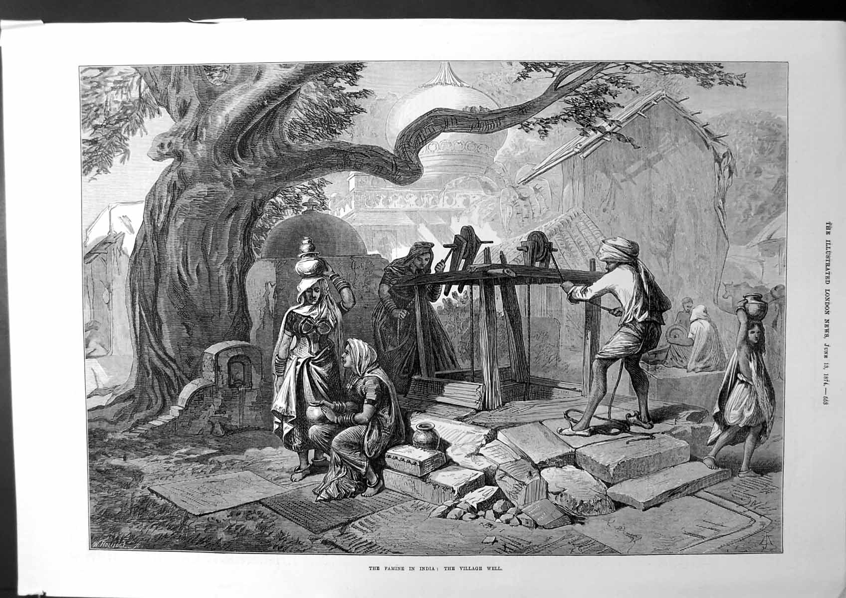 Original Old Antique Print The Famine In India The Village Well Sketch 1874
