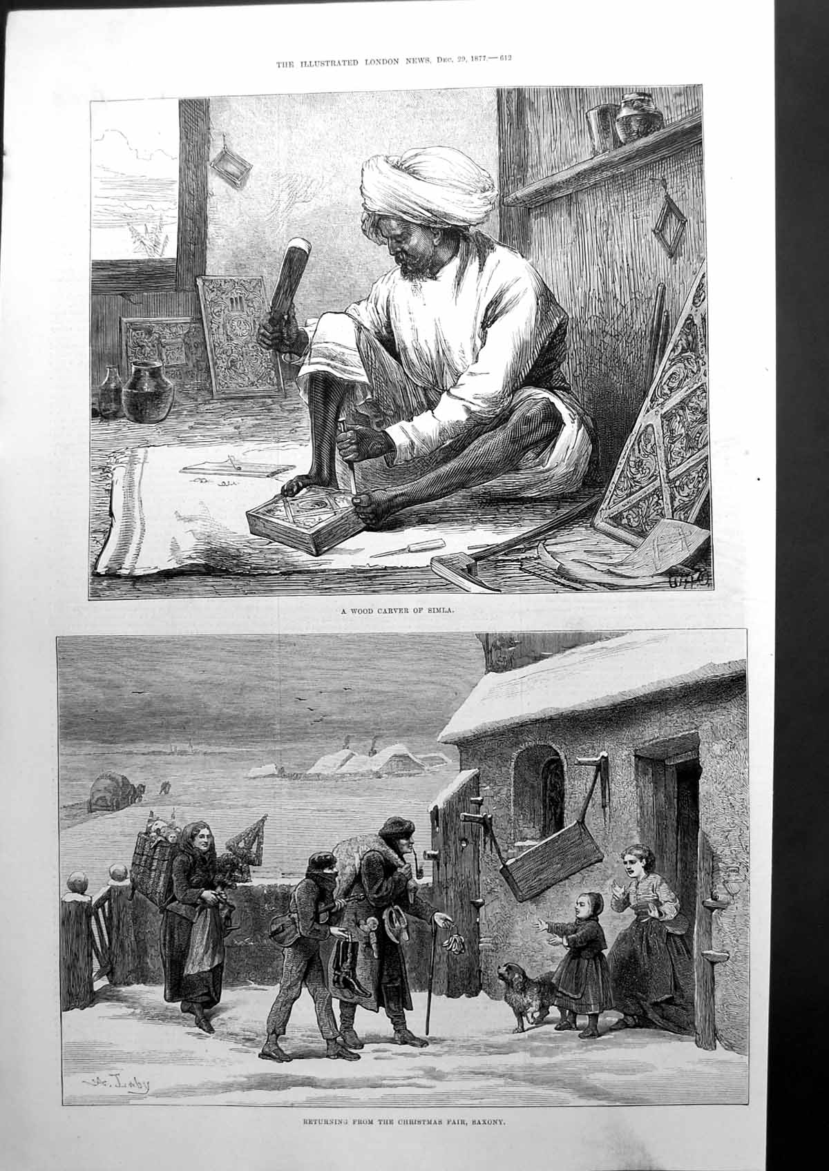 Antique Print A Wood Carver Simla Returning From Christmas Fair Saxony 1877
