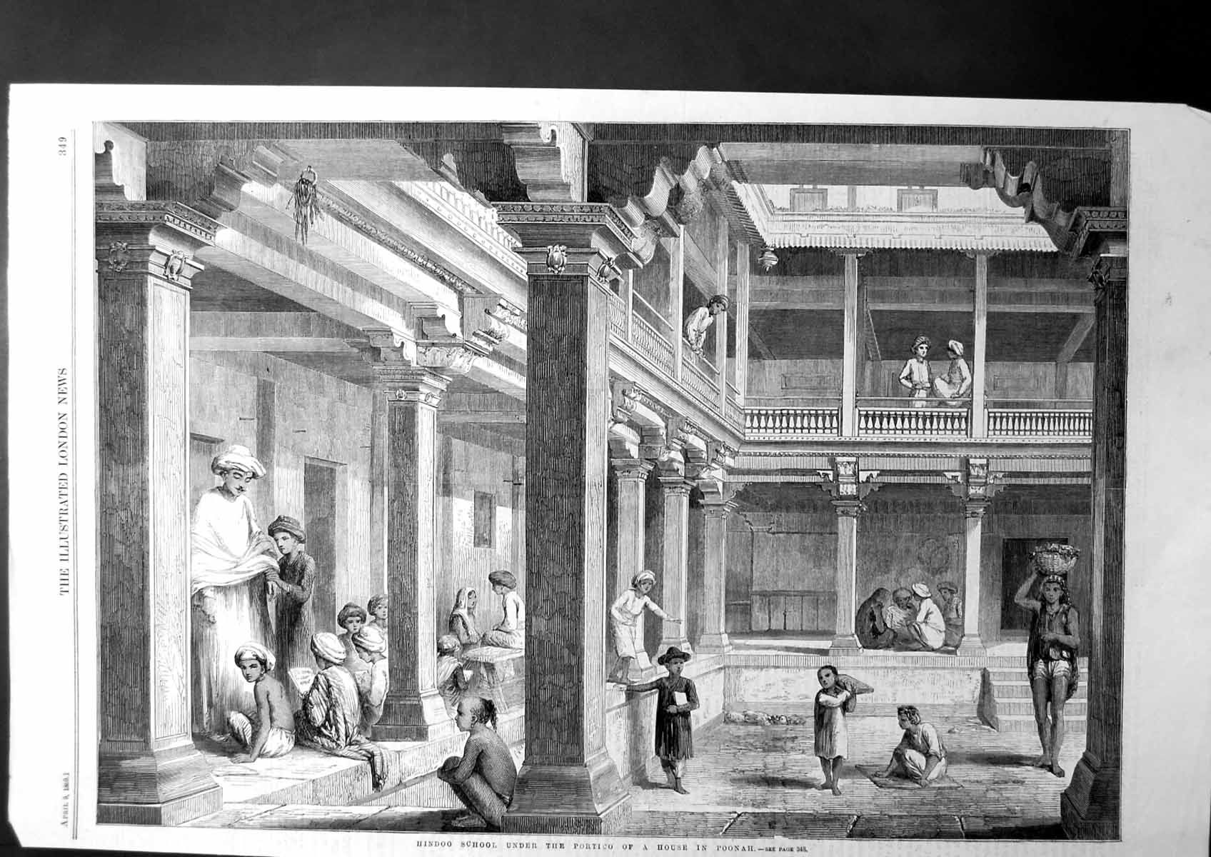 Old Antique Print Hindoo School Under The Portico A House In Poonah 1859 19th