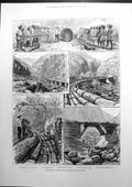 Antique Old Print Transport Trees In The Forests Himalayas Logs Slides 1888