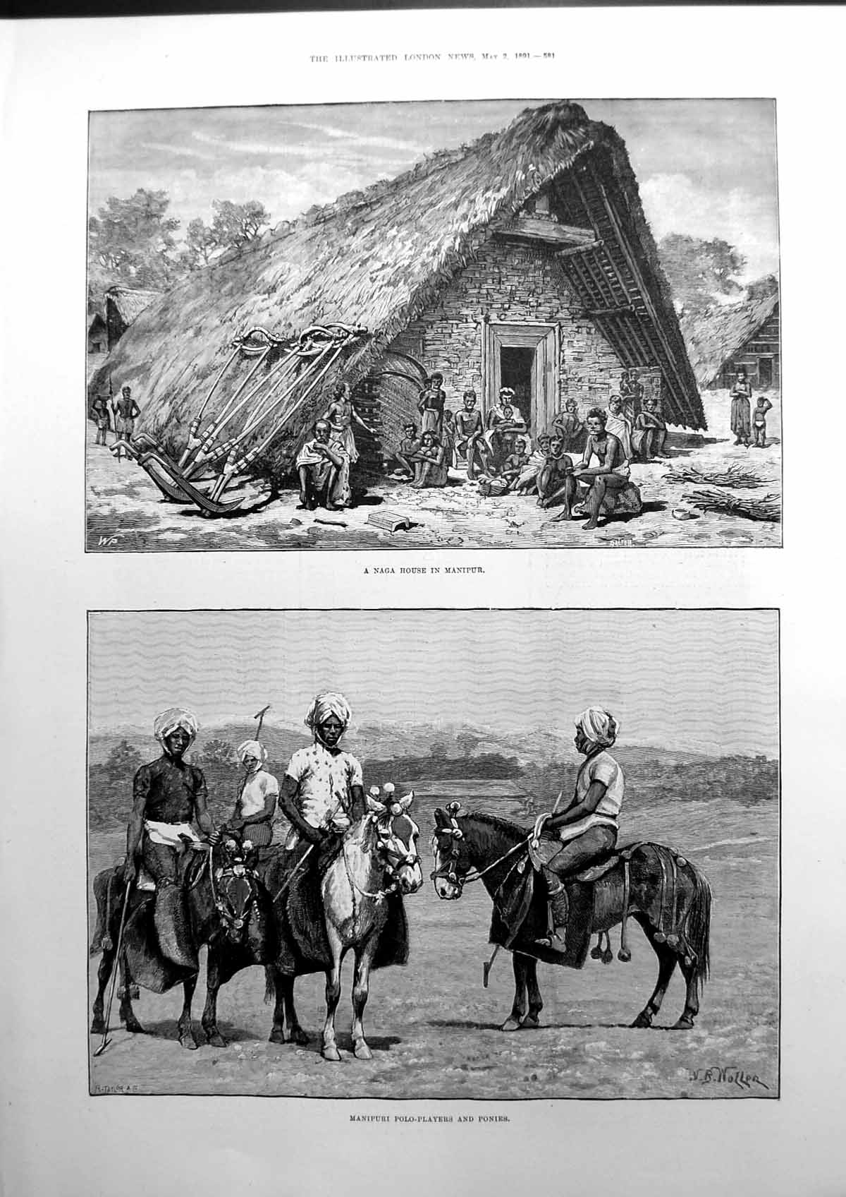 Antique Print A Naga House In Manipur Sketches Polo-Players And Ponies 1891
