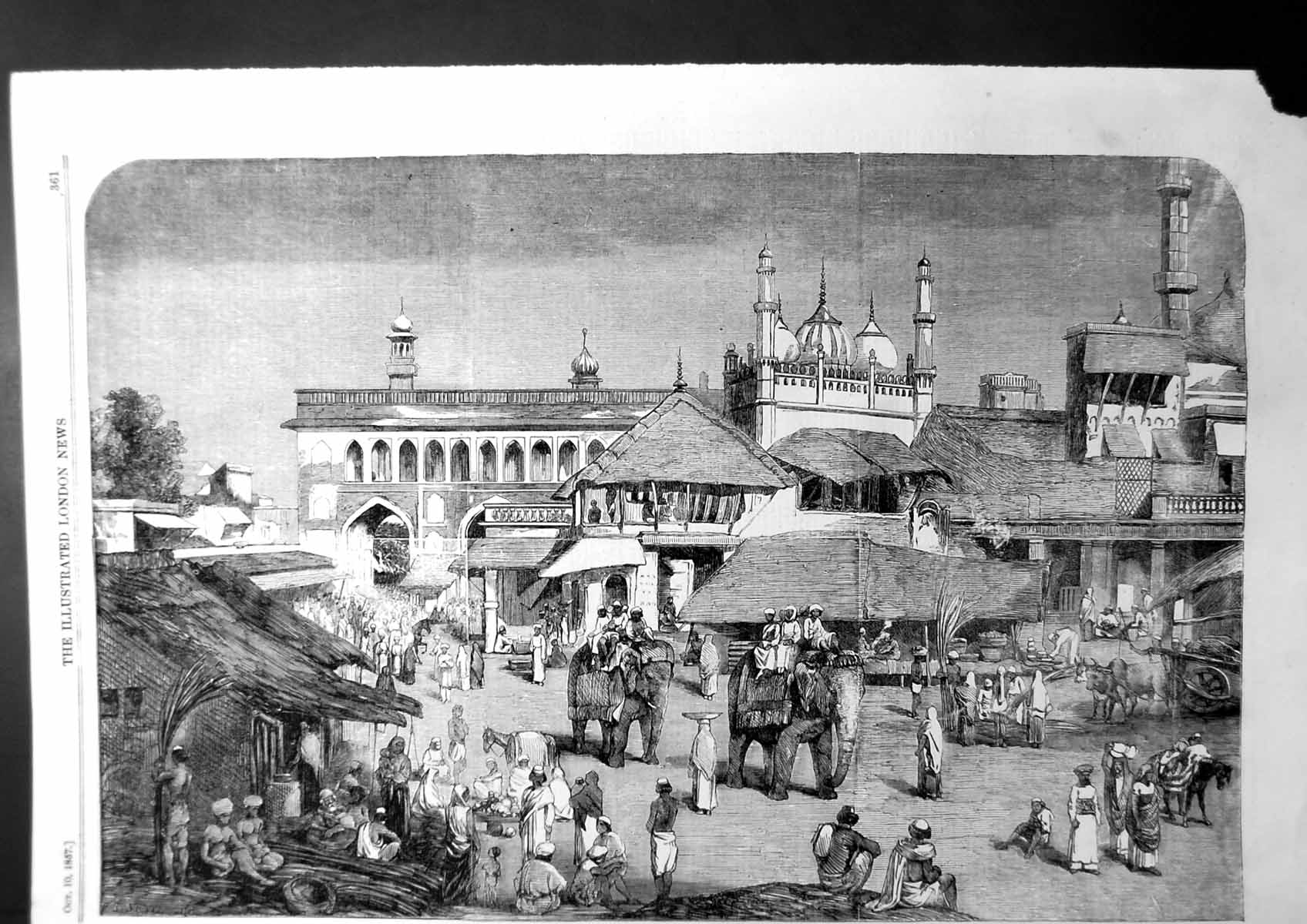 Original Old Antique Print Ucknow Bazaar Over The Bridge Near The Goomtee 1857