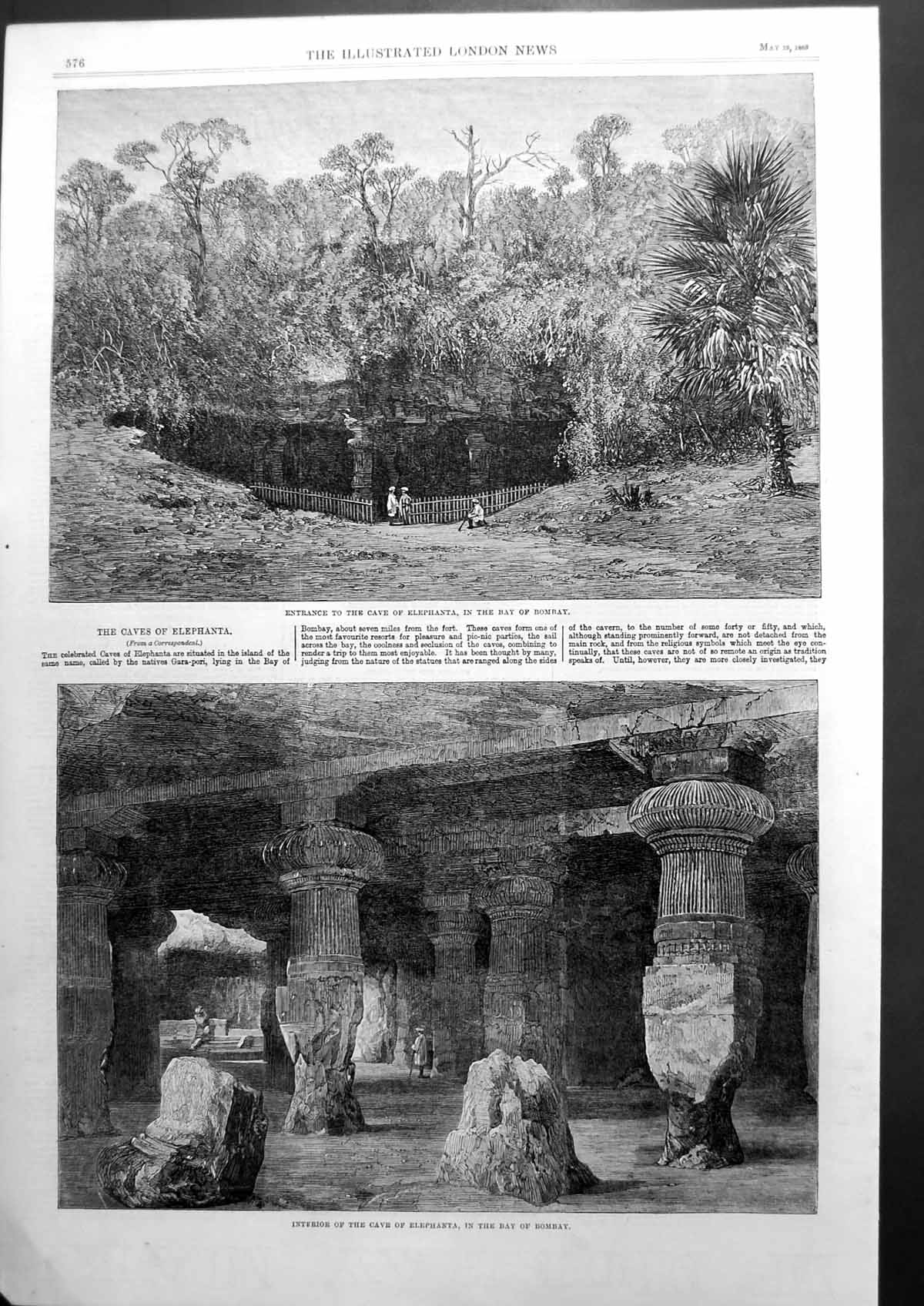 Old Antique Print The Caves Elephanta Entrance Bay Bombay Interior 1863 19th