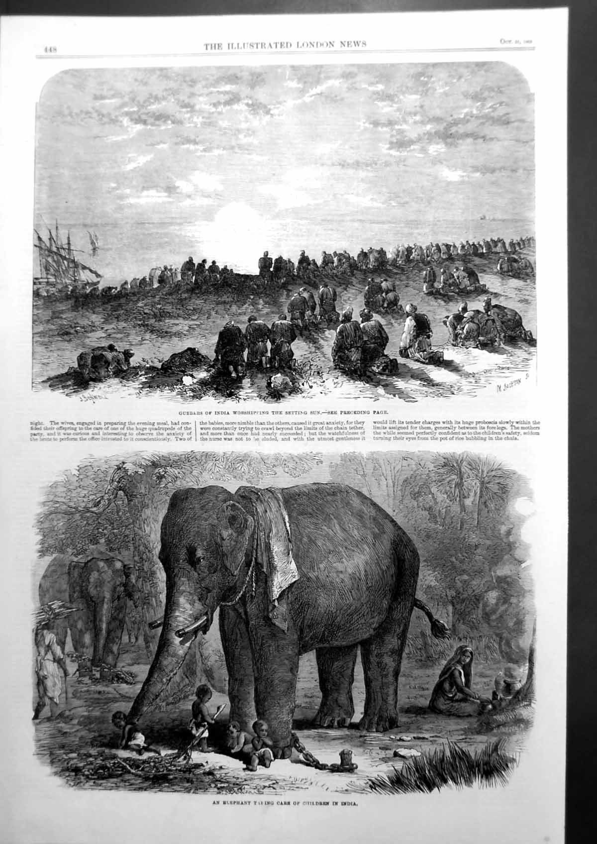 Antique Print Guebers India Worshipping The Setting Sun Elephant India 1863