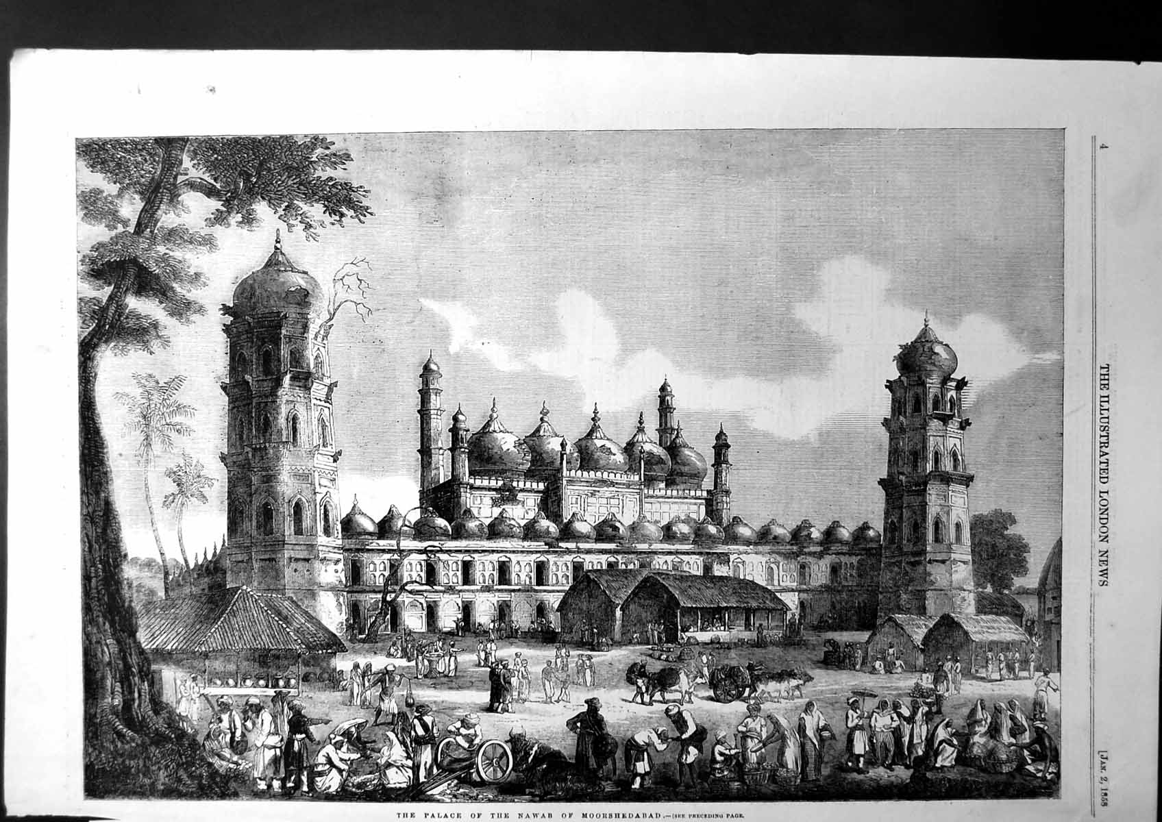 Old Antique Print The Palace The Nawab Moorshedabad Indians Cattle 1858 19th