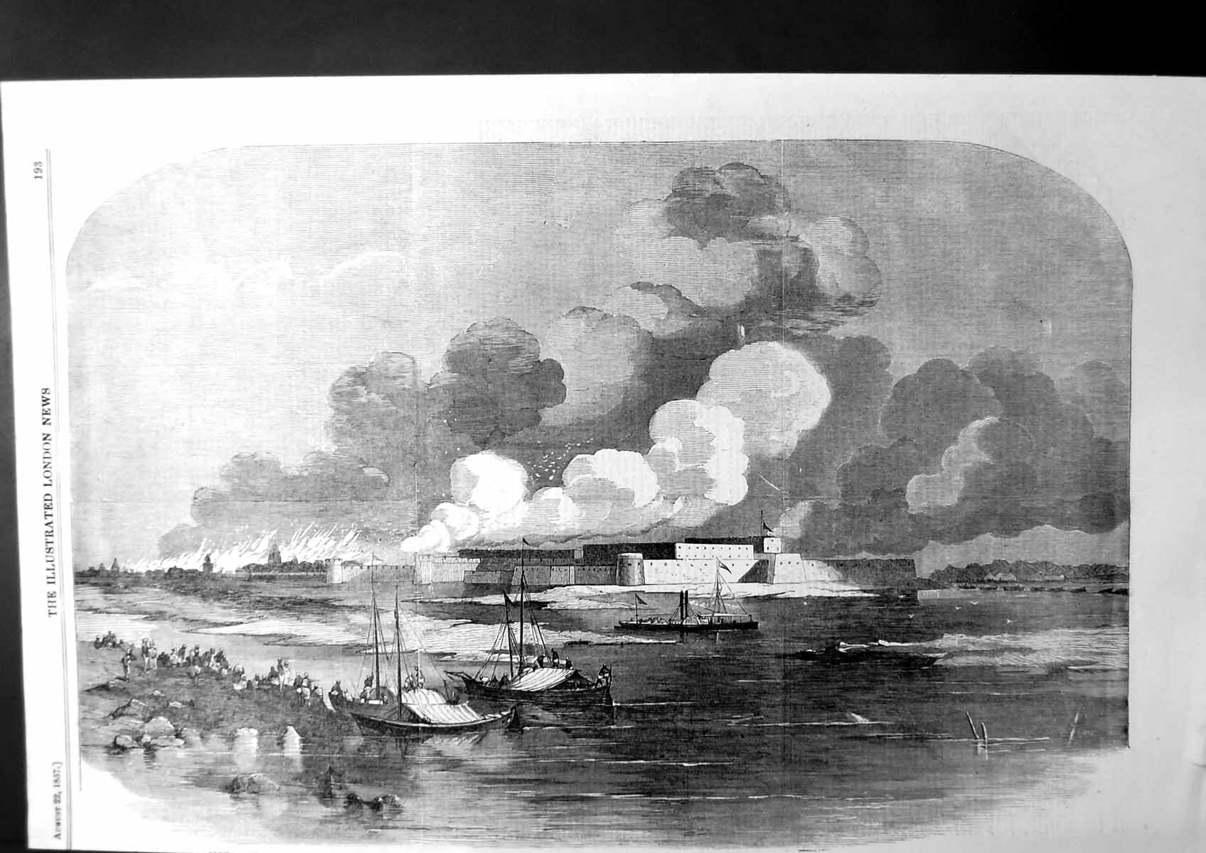 Antique Old Print Fort And Front Allahabad Taking The City From Rebels 1857