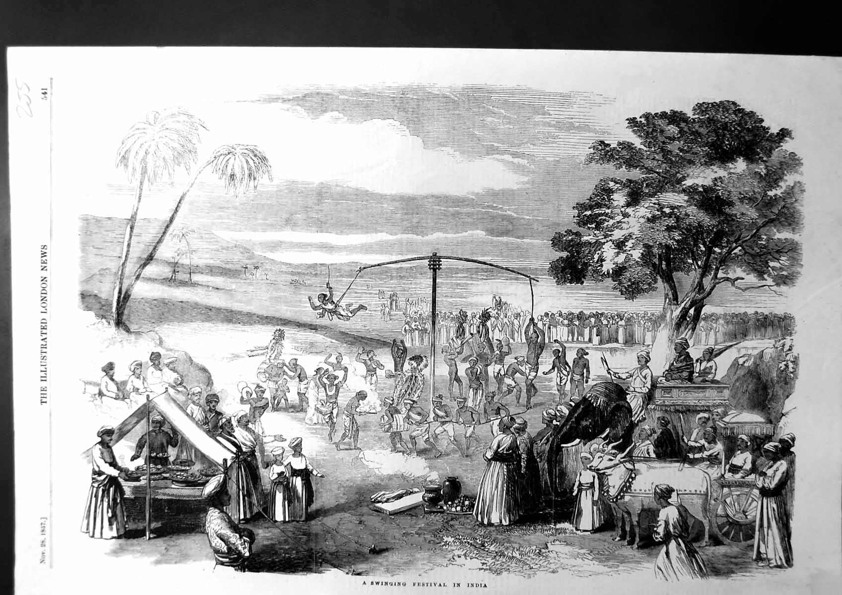 Antique Old Print A Swinging Festival In India Sketch Natives Elephant 1857