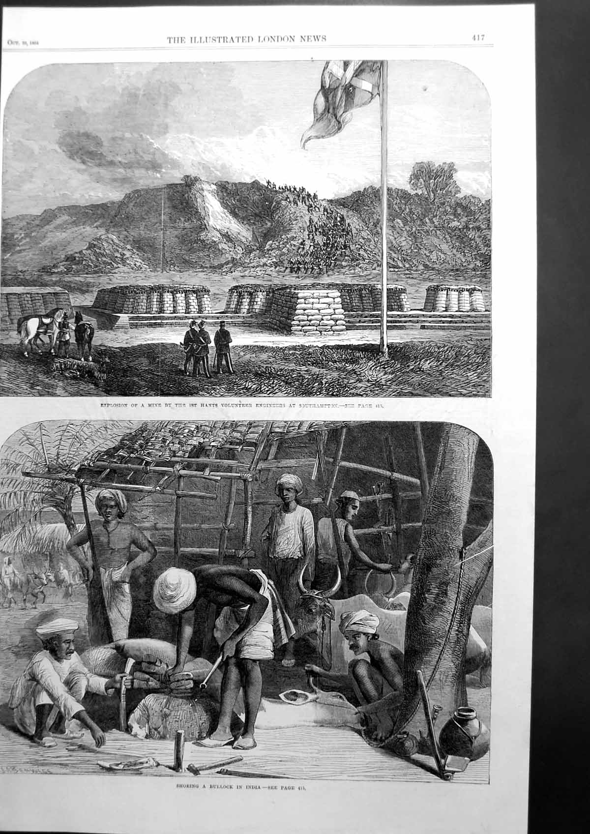 Antique Old Print Explosion A Mine By 1St Hants Engineers Southampton 1864