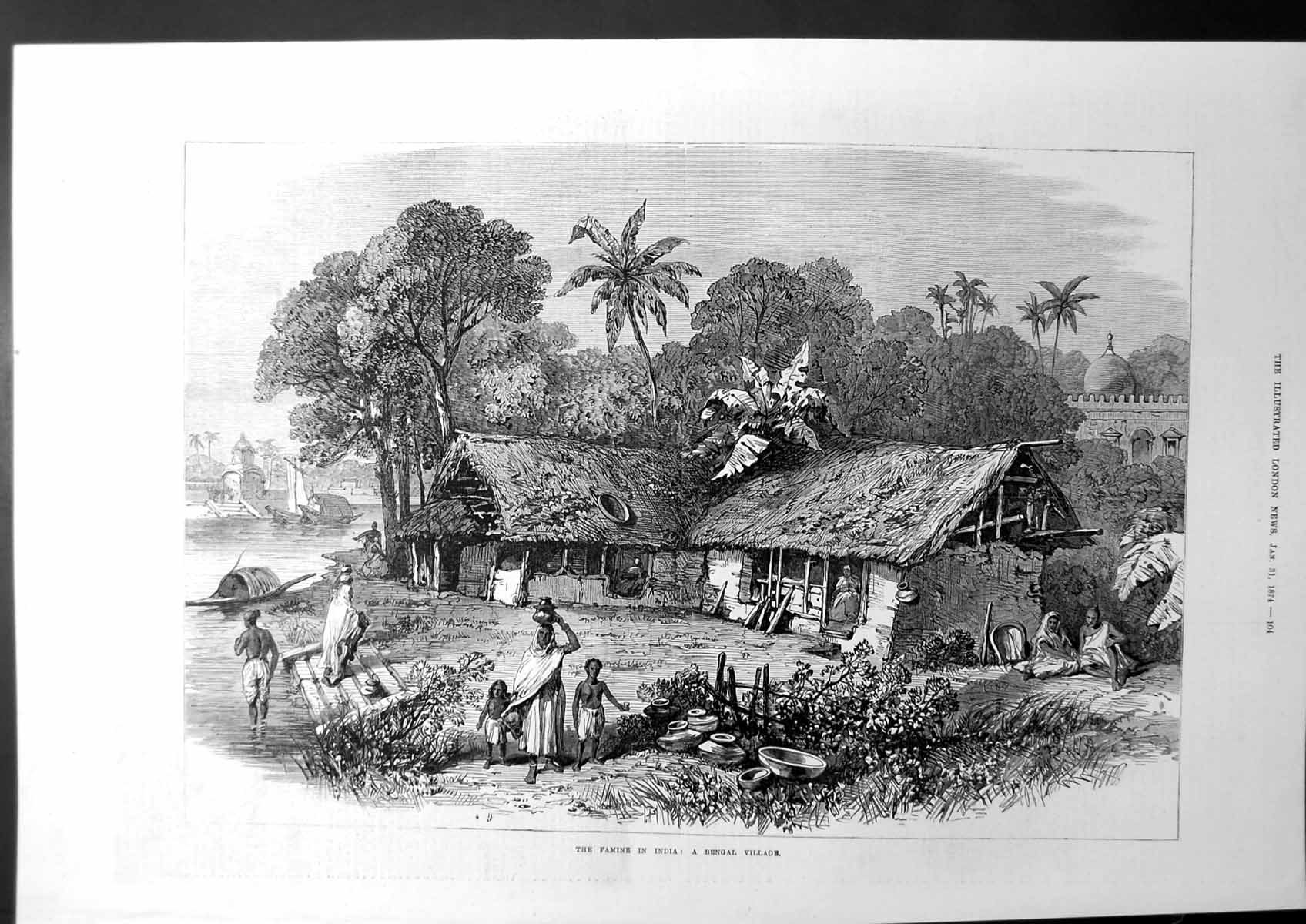 Antique Old Print Famine In India A Bengal Village Sketch Thatch-RoHouse 1874