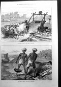 Antique Old Print Famine In Bengal Indian Mode Irrigation Sketch Natives 1874