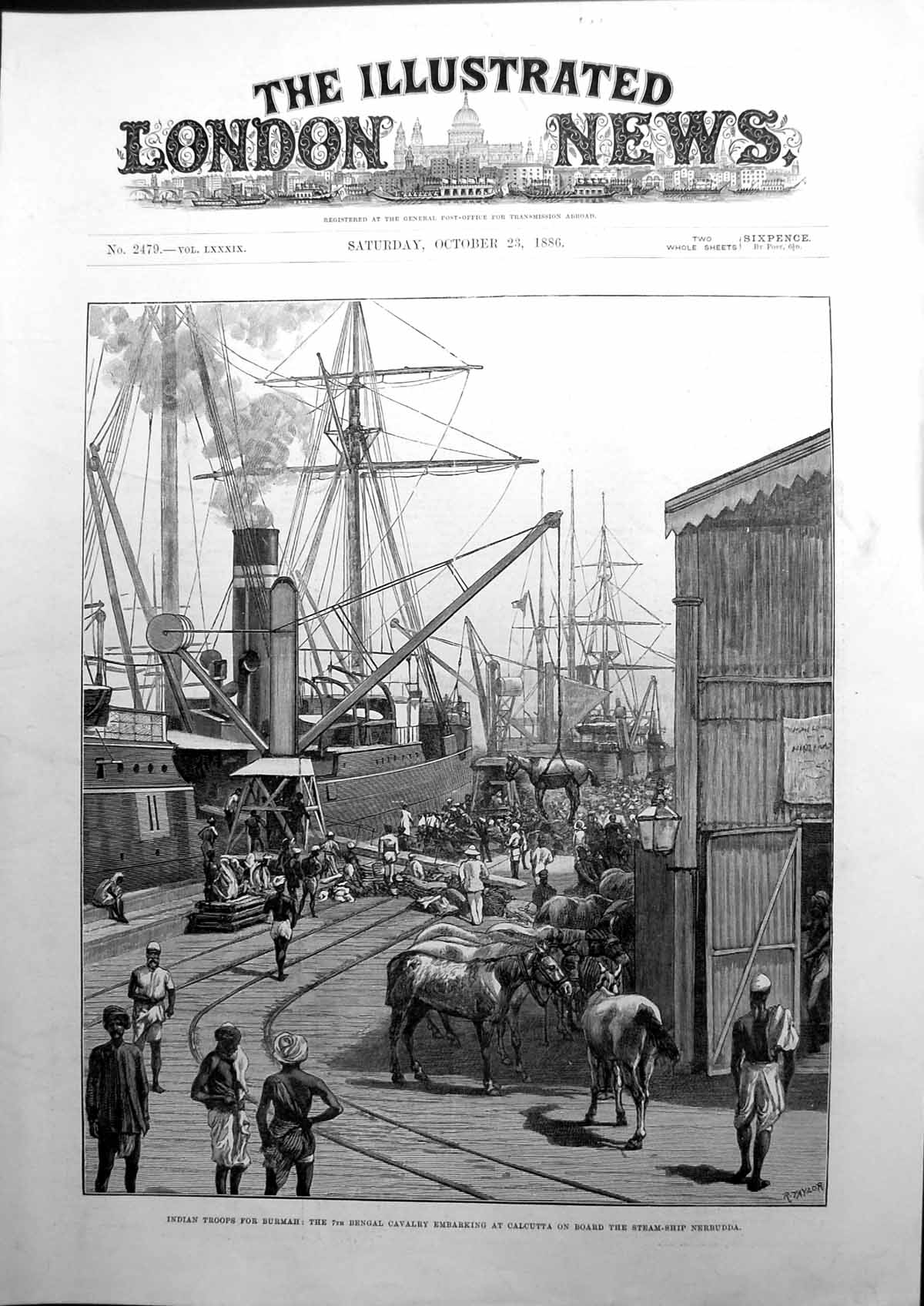 Old Print Indian Troops For Burmah 7Th Bengal Cavalry Calcutta Ship 1886